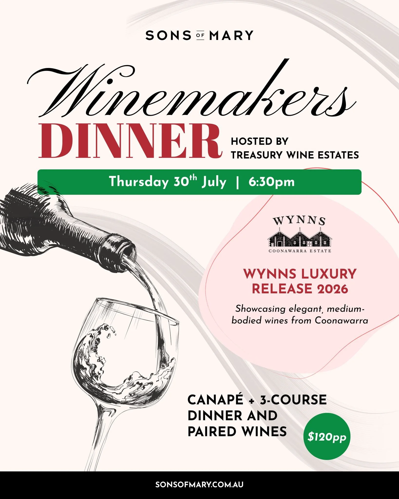On Thursday 30 July, join us from 6:30pm for an exclusive event celebrating the Wynns Luxury Release collection from @wynnscoonawarra.

Hosted by Treasury Wine Estates, this intimate wine dinner pairs a carefully curated menu with some of Coonawarra&