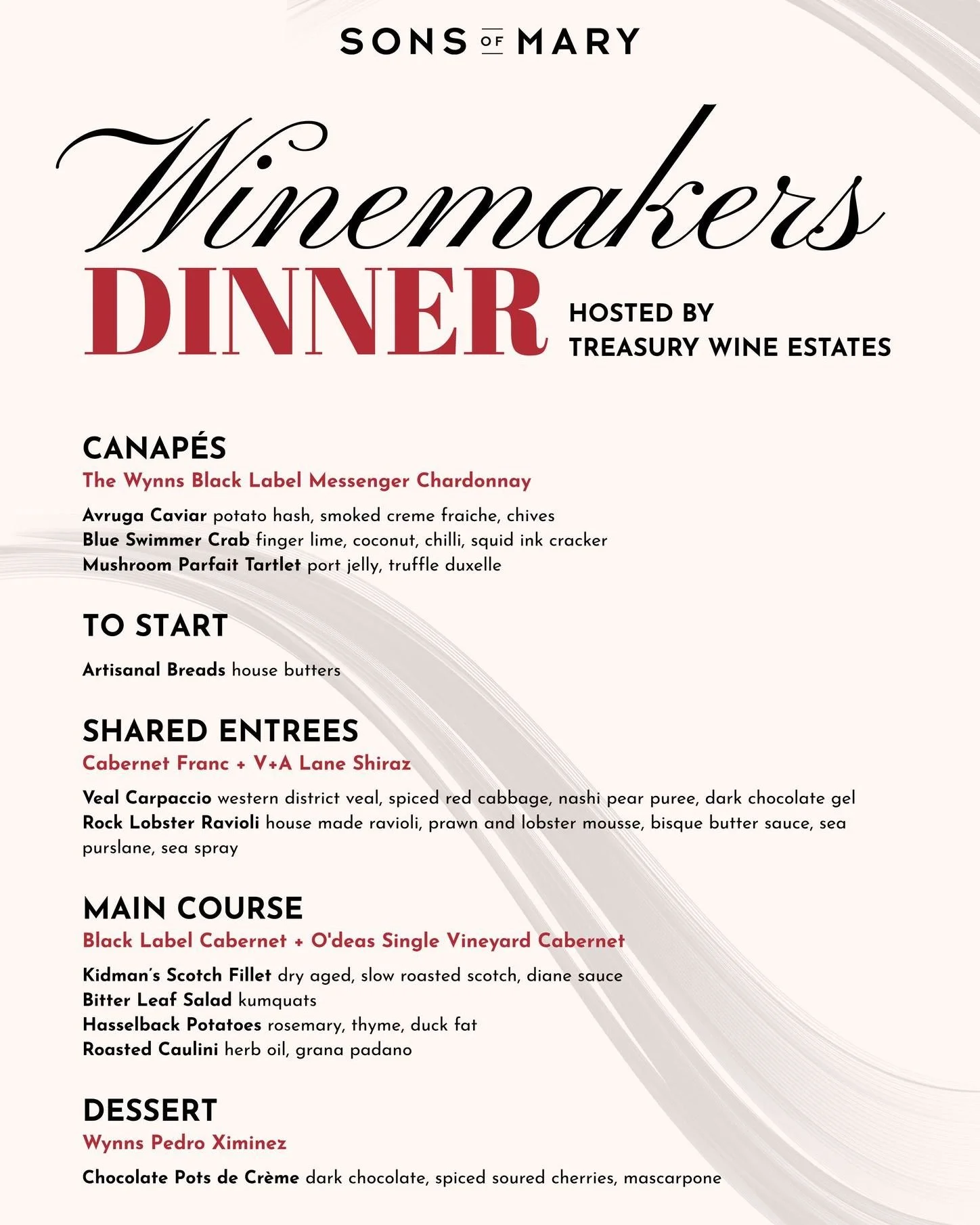 This is your first look at the menu for our Wynns Luxury Release Wine Dinner.

Join us on Thursday 30 July for an intimate evening where every course has been thoughtfully paired with a premium selection of @wynnscoonawarra wines, celebrating the bes