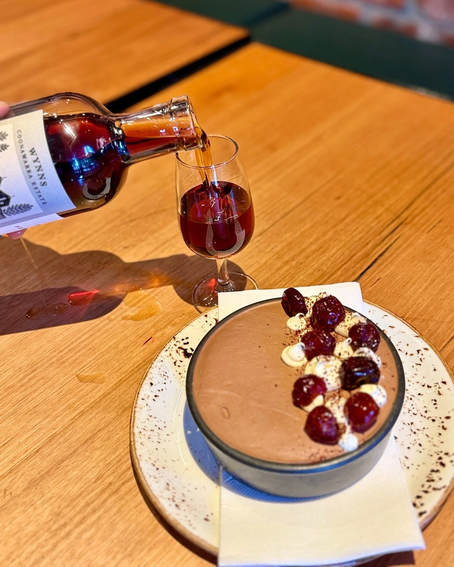 Discover the finale of our @wynnscoonawarra Luxury Release Wine Dinner: a decadent Chocolate Pots de Cr&egrave;me. Silky dark chocolate is topped with spiced soured cherries and mascarpone, then perfectly paired with Wynns Pedro Xim&eacute;nez to rou