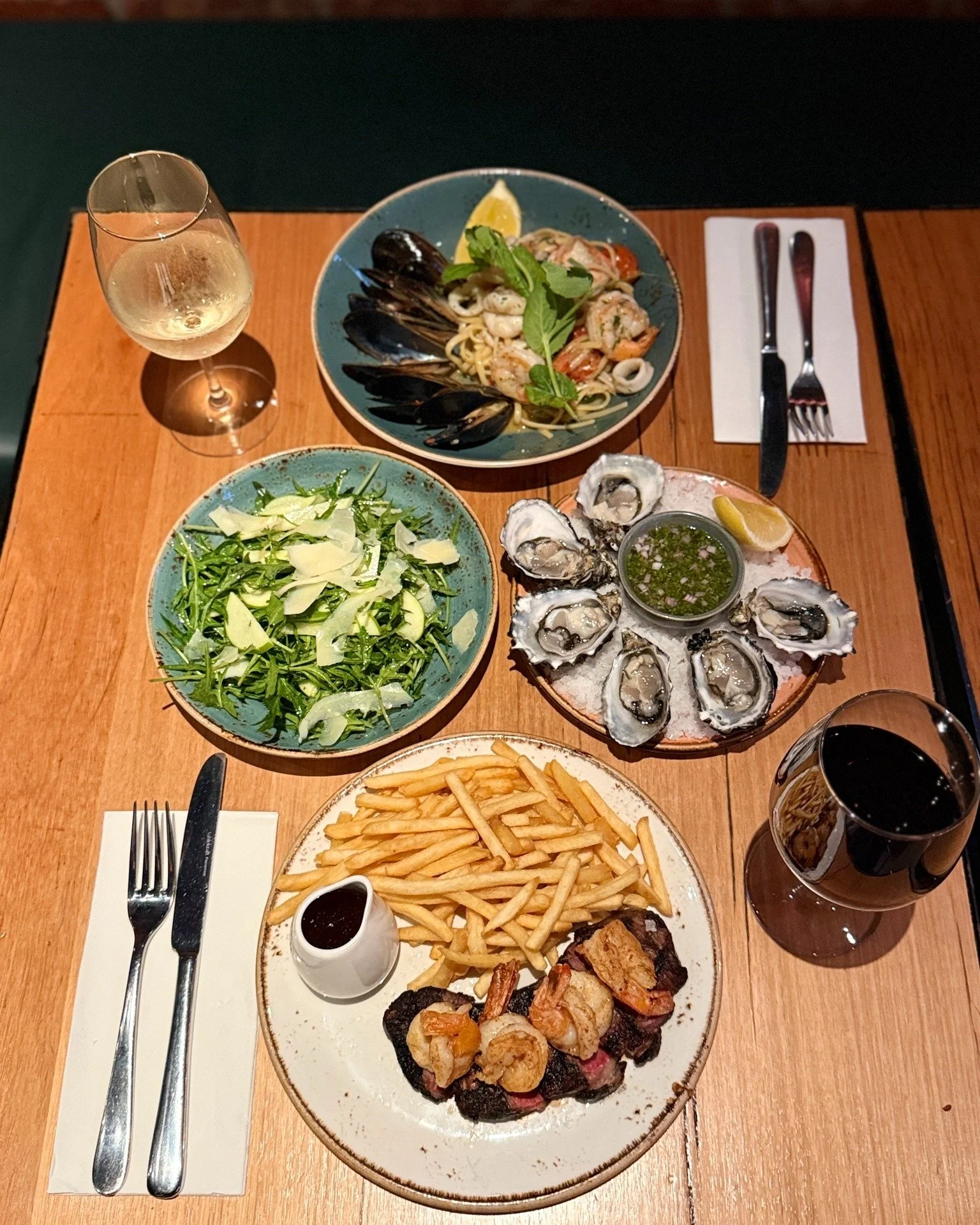 The best way to experience Sons of the Sea? Bring a few friends and order for the table.

Start with some freshly shucked oysters, dive into our Seafood Linguine, enjoy our Sons of Mary Surf &amp; Turf, add a few sides to the table and pair it all wi