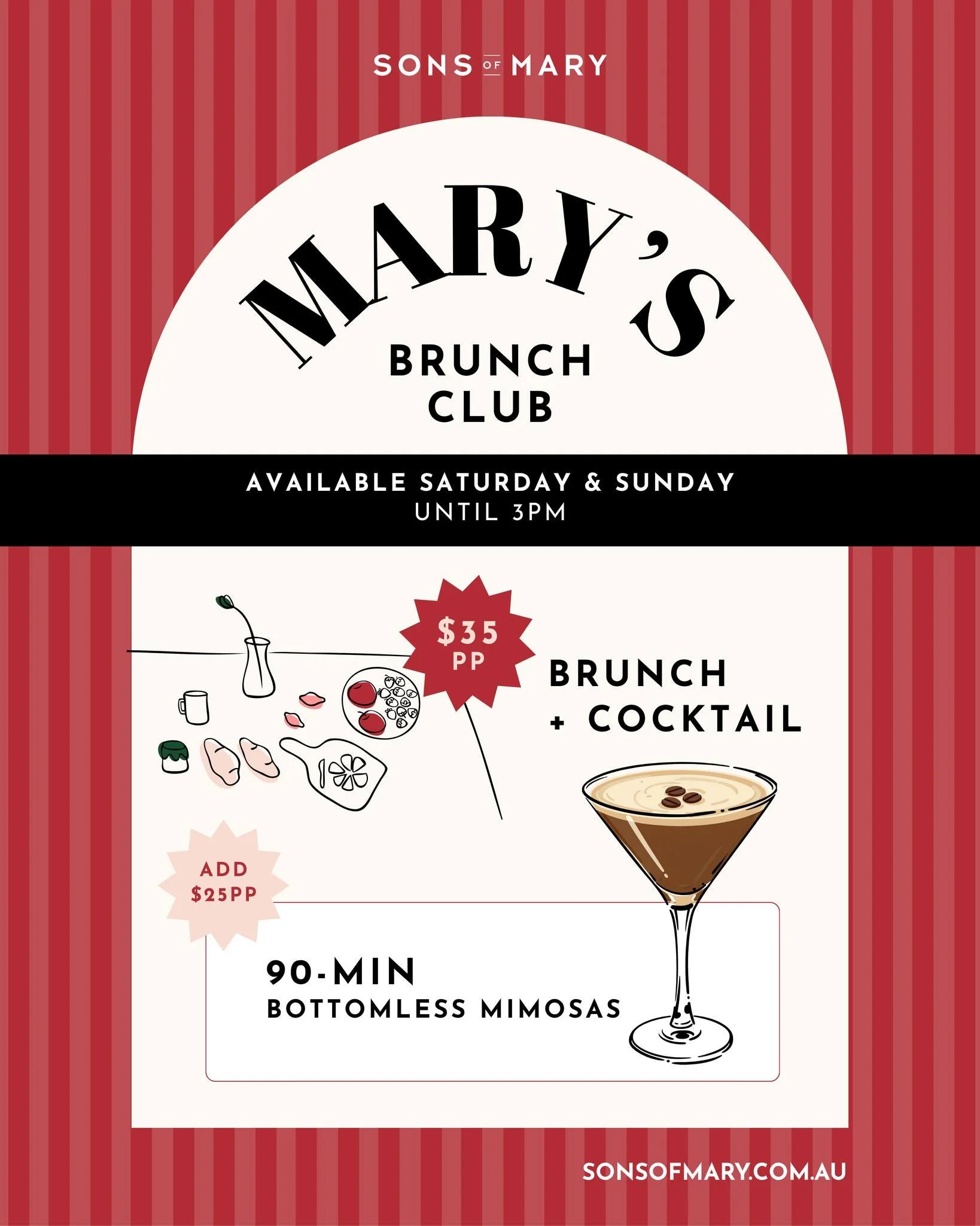 Your weekend brunch dates just got a little more fun. Meet Mary&rsquo;s Brunch Club.

Starting Saturday 12 September, join us every Saturday and Sunday until 3pm and enjoy any brunch main with your choice of cocktail for $35.

Think our Chilli Scramb