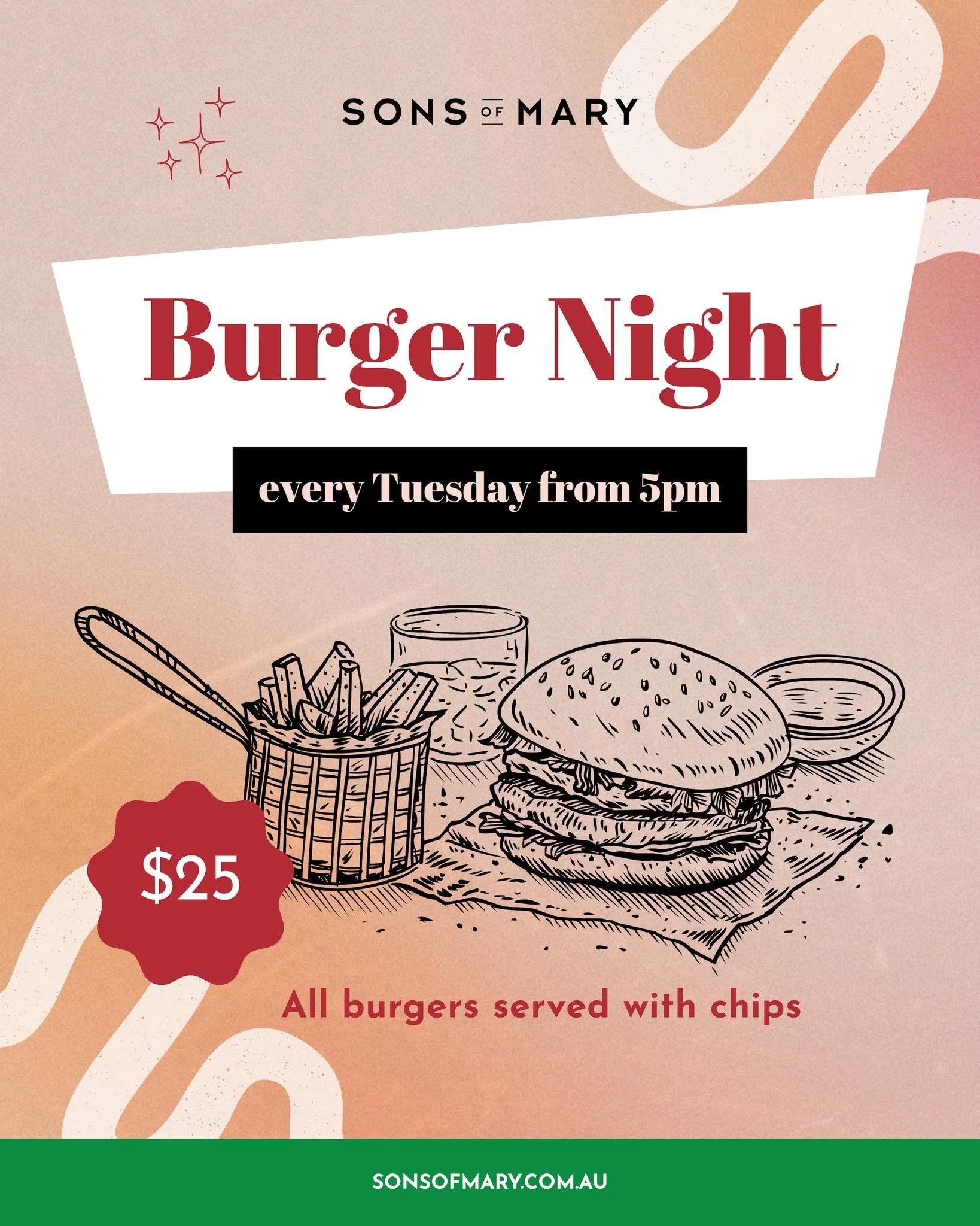 Starting next week, Tuesday might just be your new favourite night.

Burger Night is landing at Sons of Mary with four burgers to choose from, all served on brioche buns with golden chips for just $25.

Go classic with the double-patty Smash Burger l