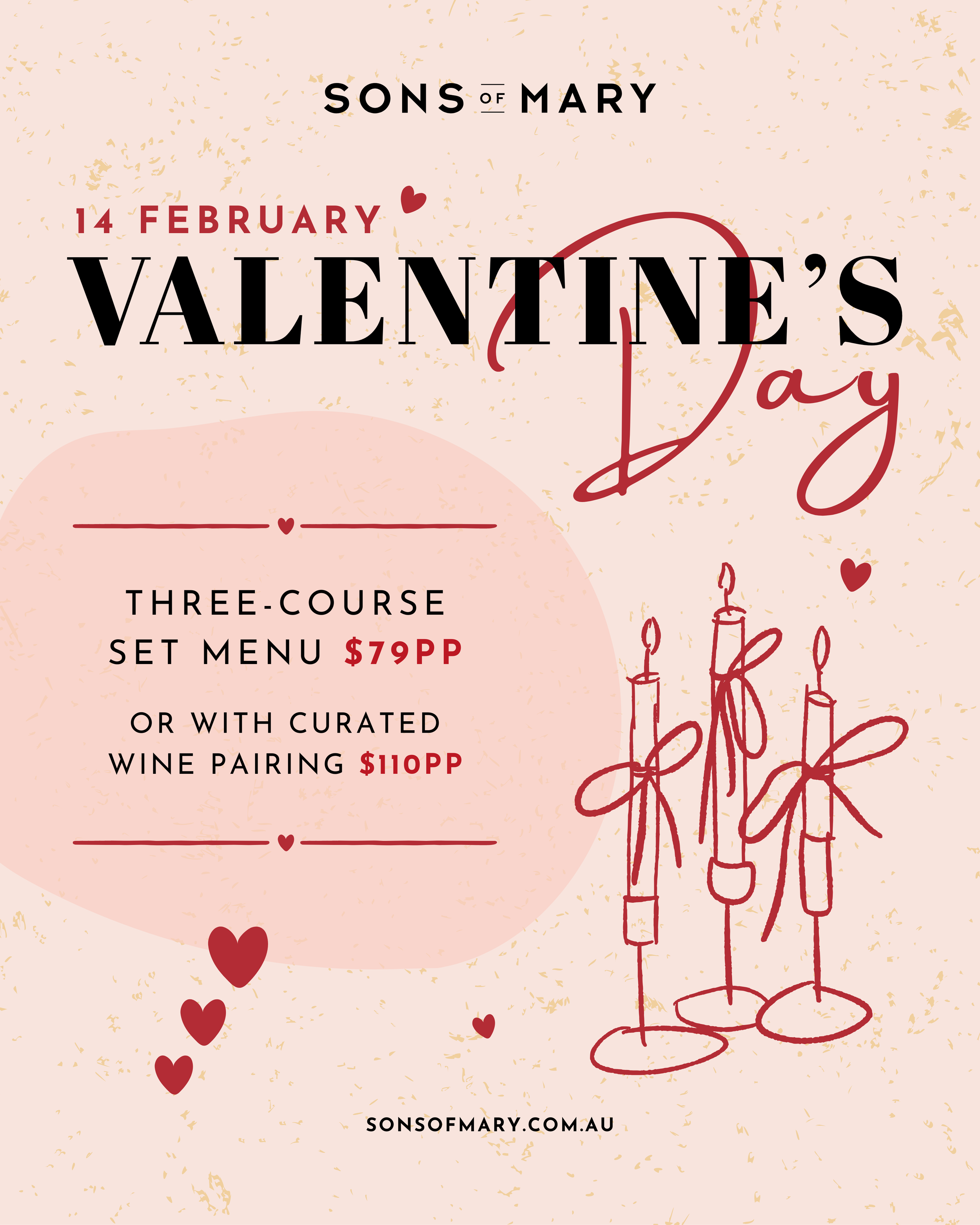 Sons of Mary Brighton Valentine’s Day set menu $79pp and wine pairing $110pp poster