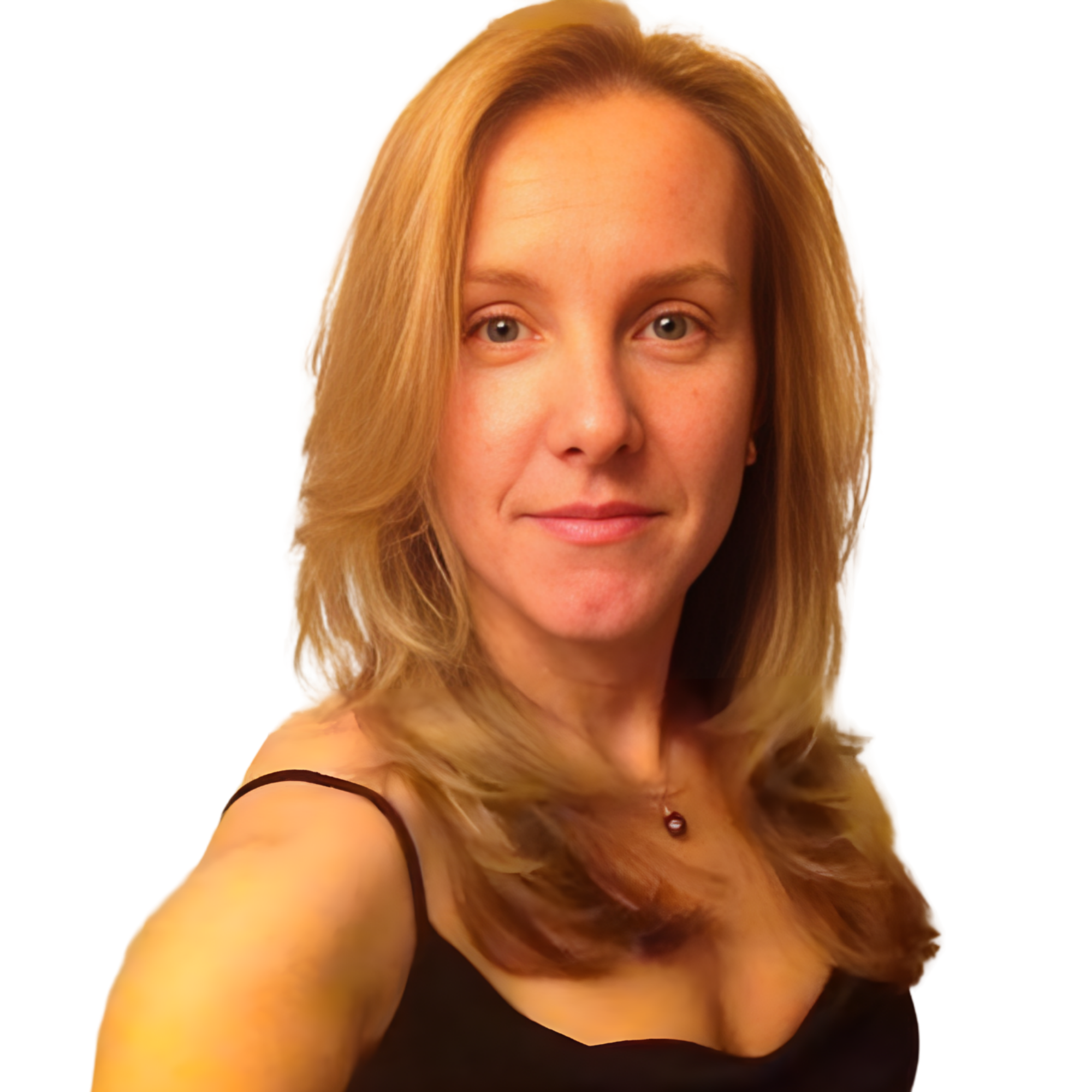 A woman with blonde hair wearing a black spaghetti strap top and a necklace with a red pendant.