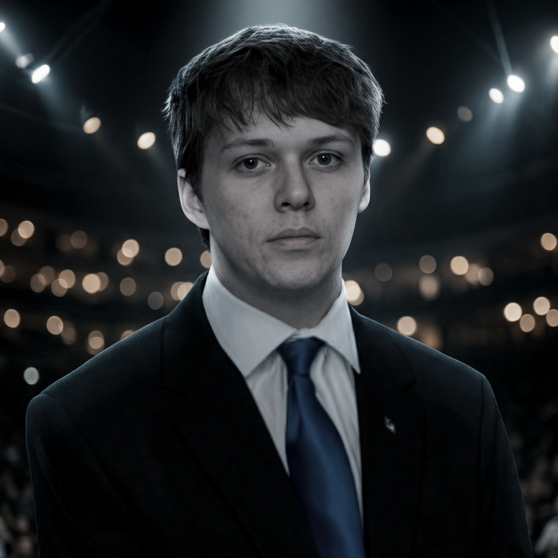 A young man with short brown hair and light skin wearing a black suit, white shirt, and blue tie, standing in a dimly lit setting with blurred circular lights in the background.