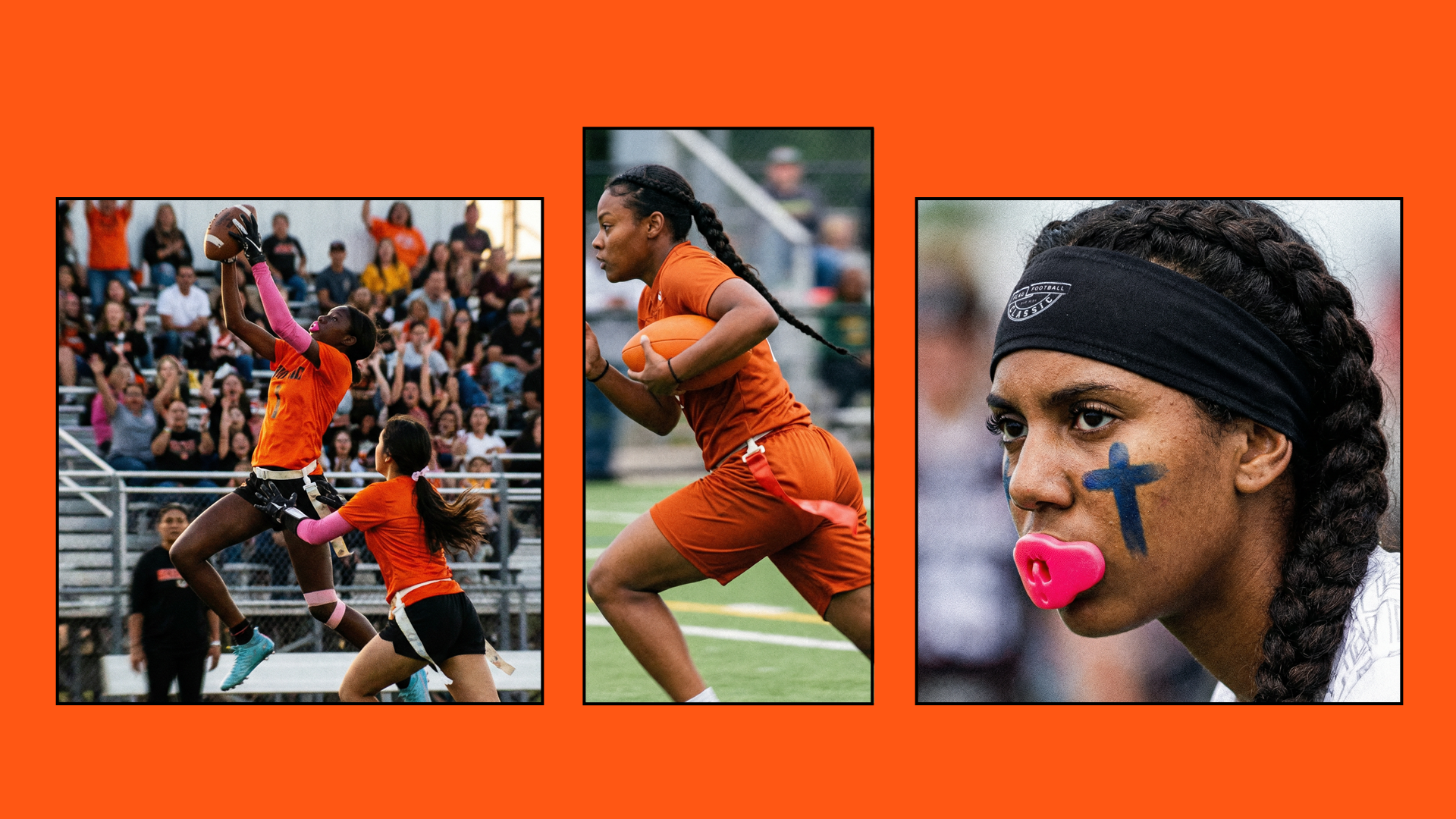Photographs of a young woman in a sports game, wearing an orange uniform. The first photo shows her jumping and reaching for a football, with spectators in the background. The second photo captures her running with a football under her arm. The third close-up image shows her with a painted blue cross on her face, pink nose paint, and braided hair, wearing a black headband.