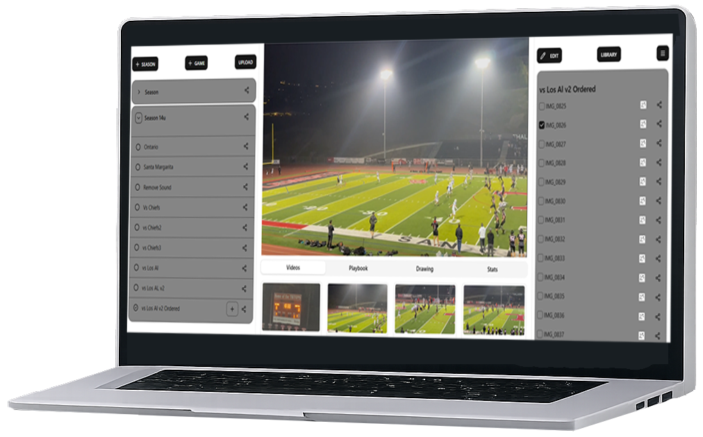 Laptop screen displaying a football game with players on the field at night, with bright stadium lights and a small menu on the left and right sides.