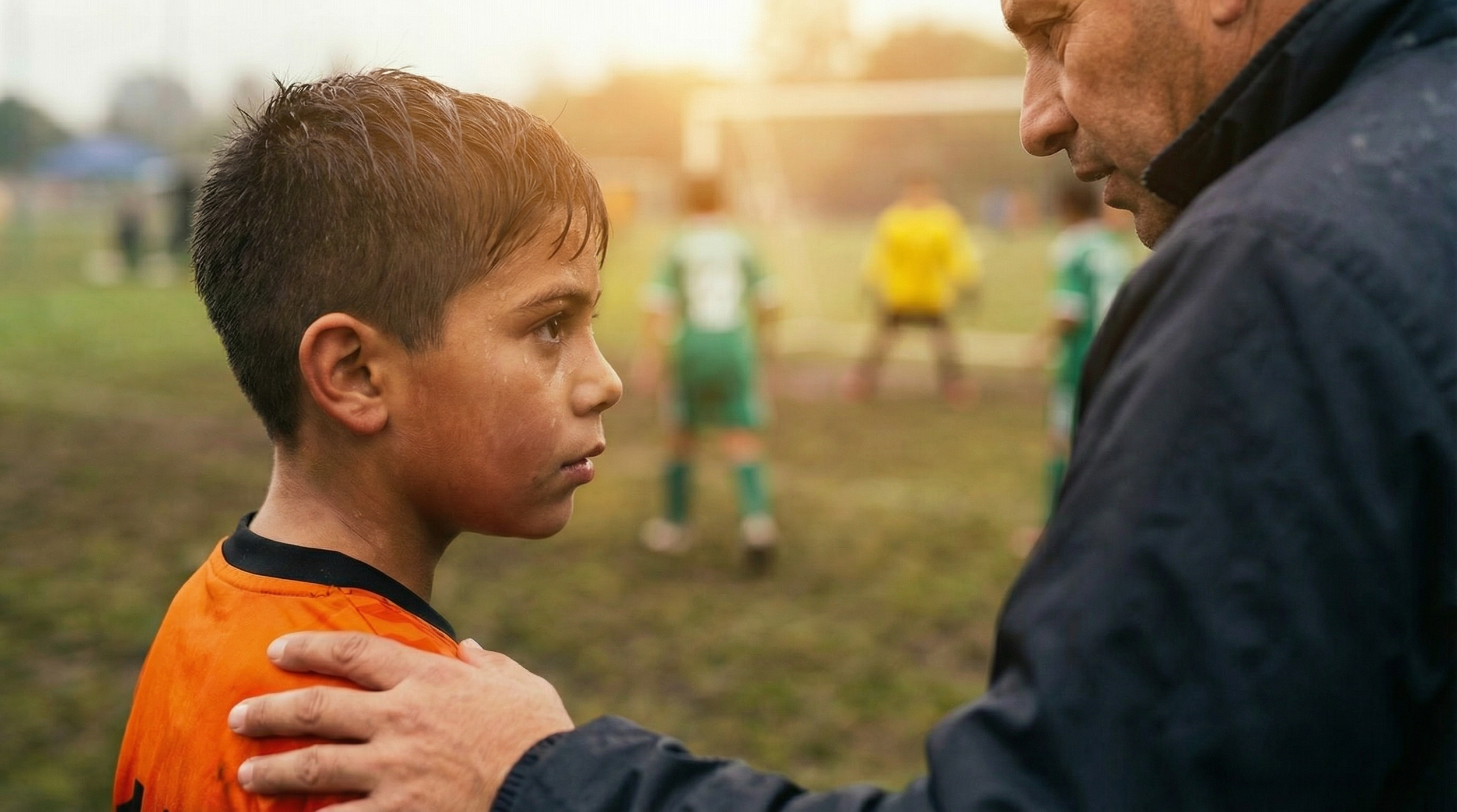 A young soccer player with a wet, sweaty face in an orange jersey looks serious and focused as an older man gently touches his shoulder on a soccer field during sunset.