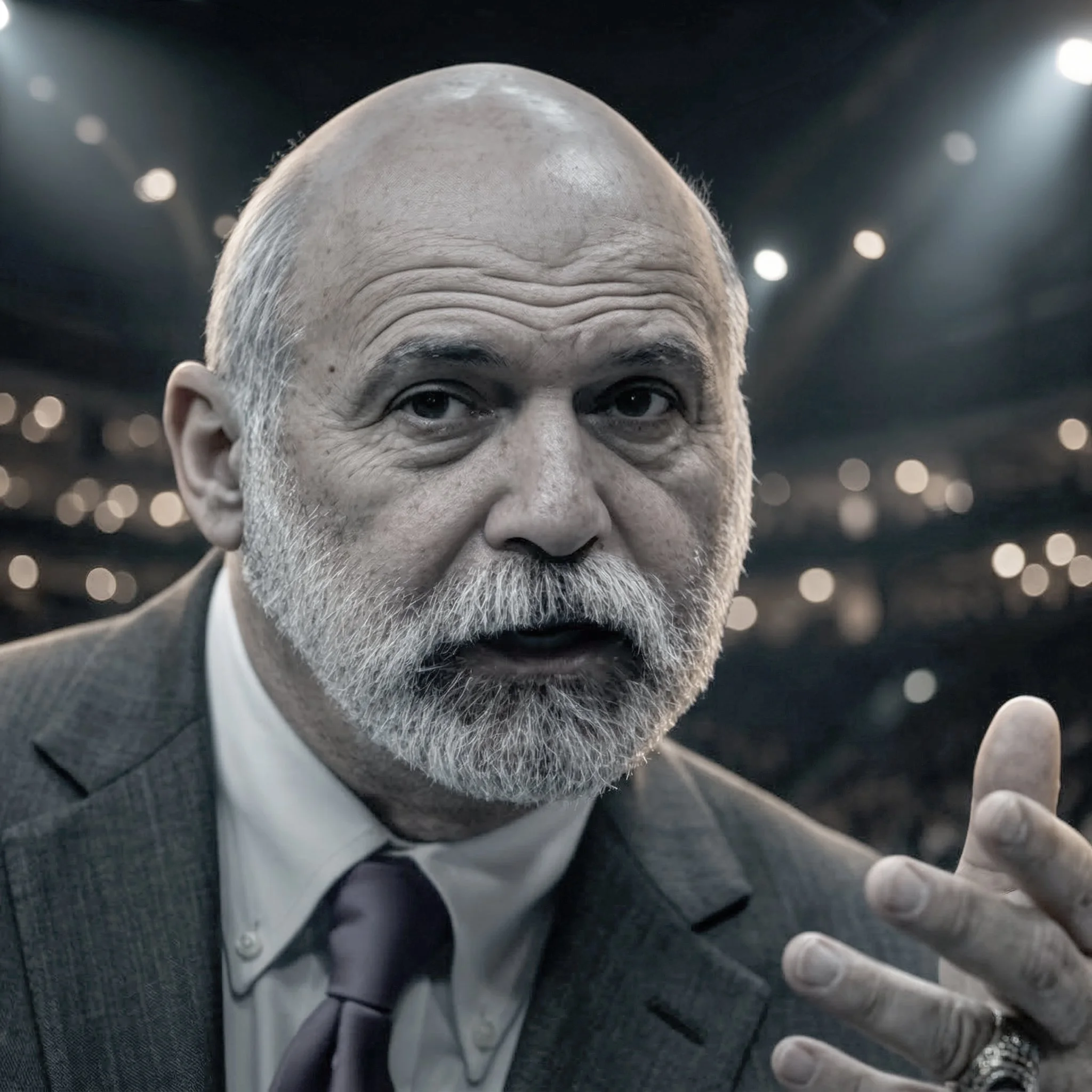 A close-up of an older man with a grey beard and mustache, wearing a dark suit and tie, speaking or making a gesture in a setting with bright, out-of-focus lights in the background.