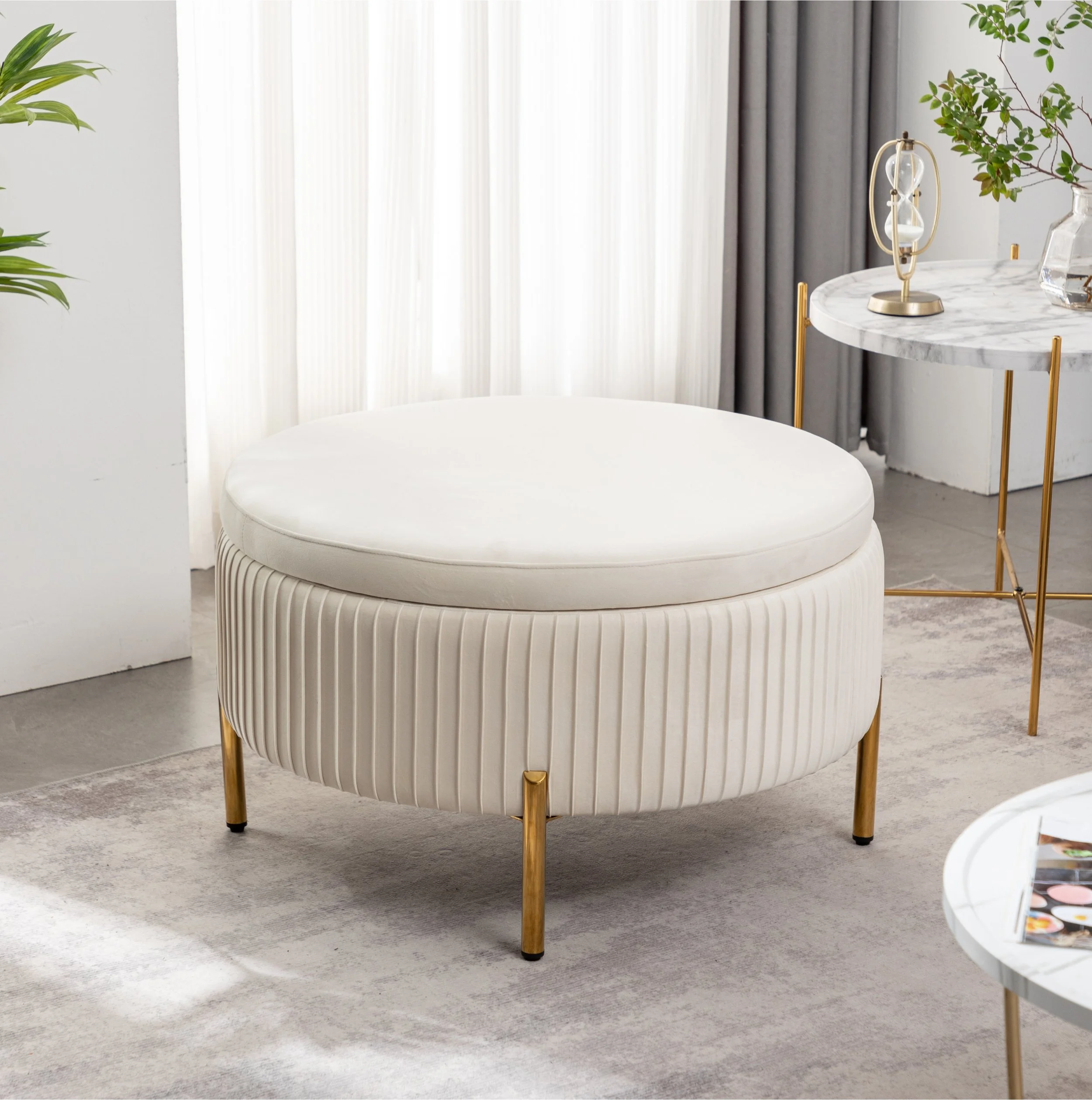 Modern Cream Velvet Upholstered Ottoman