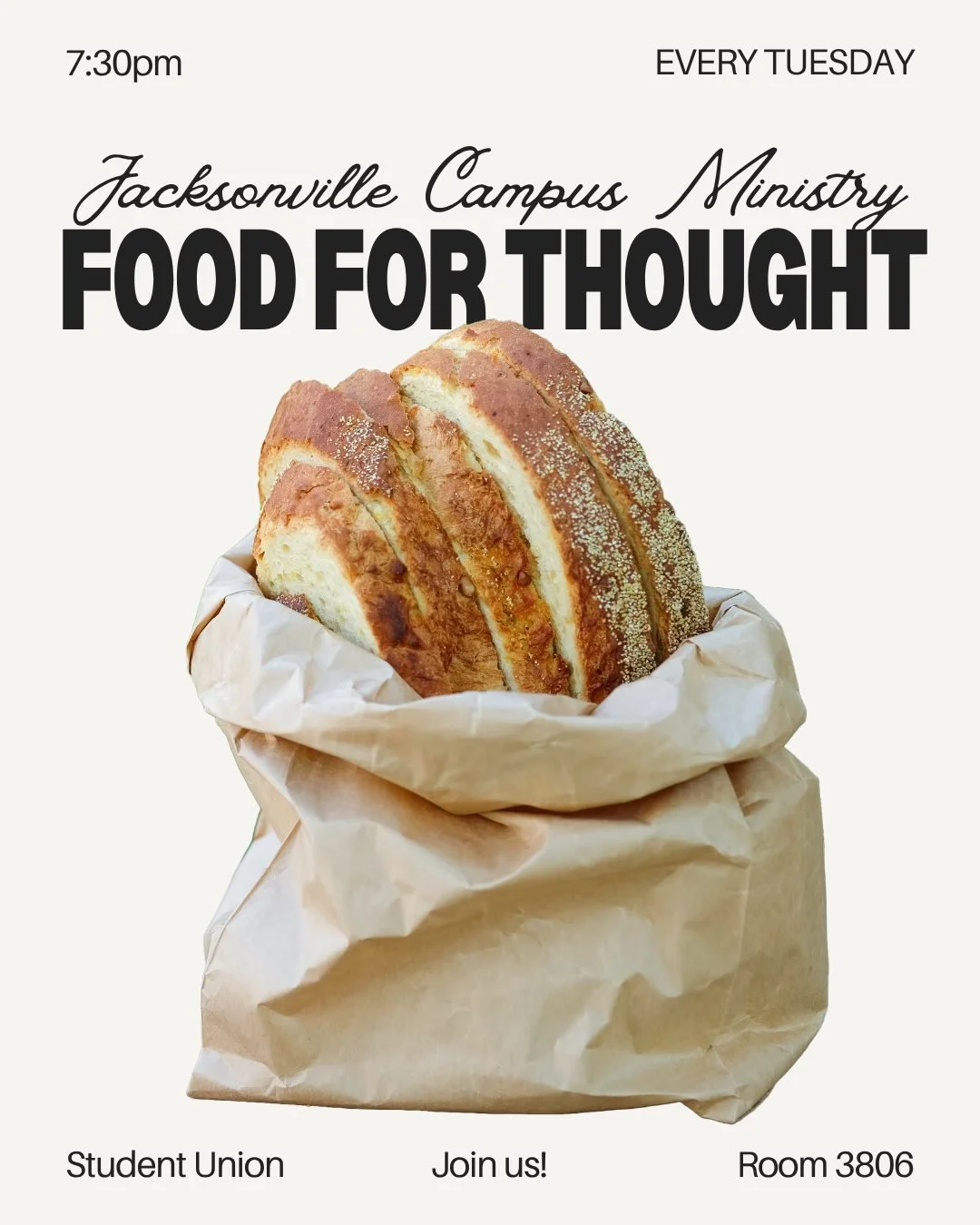 Tonight is the very first Food for Thought at 7:30pm! We will be gathering on the third floor of the Student Union, having dinner together, introducing ourselves, checking in about how our summer was, and maybe even having Eucharist if the vibes are 