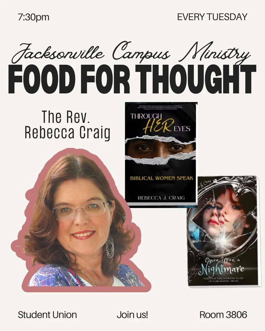 Join us for Food for Thought tonight at 7:30pm! We will be on the third floor of the Student Union in the last room over by the bathrooms! Pastor Rebecca Craig is coming to visit with us and talk about her journey into pastoring, the two books she's 