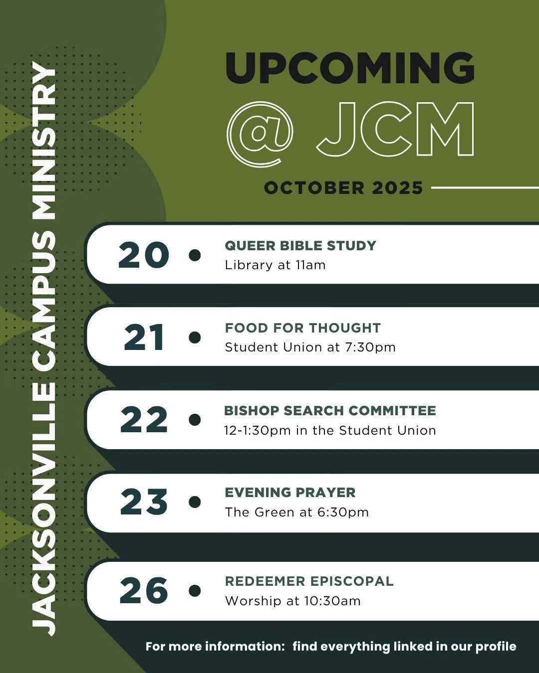 There are more good things happening this week with JCM! Don't miss them! 

 #osprey #duval #tec #Lumin #unfospreys #dioflfeast #campusministry #jaxcampusmin #jcm
