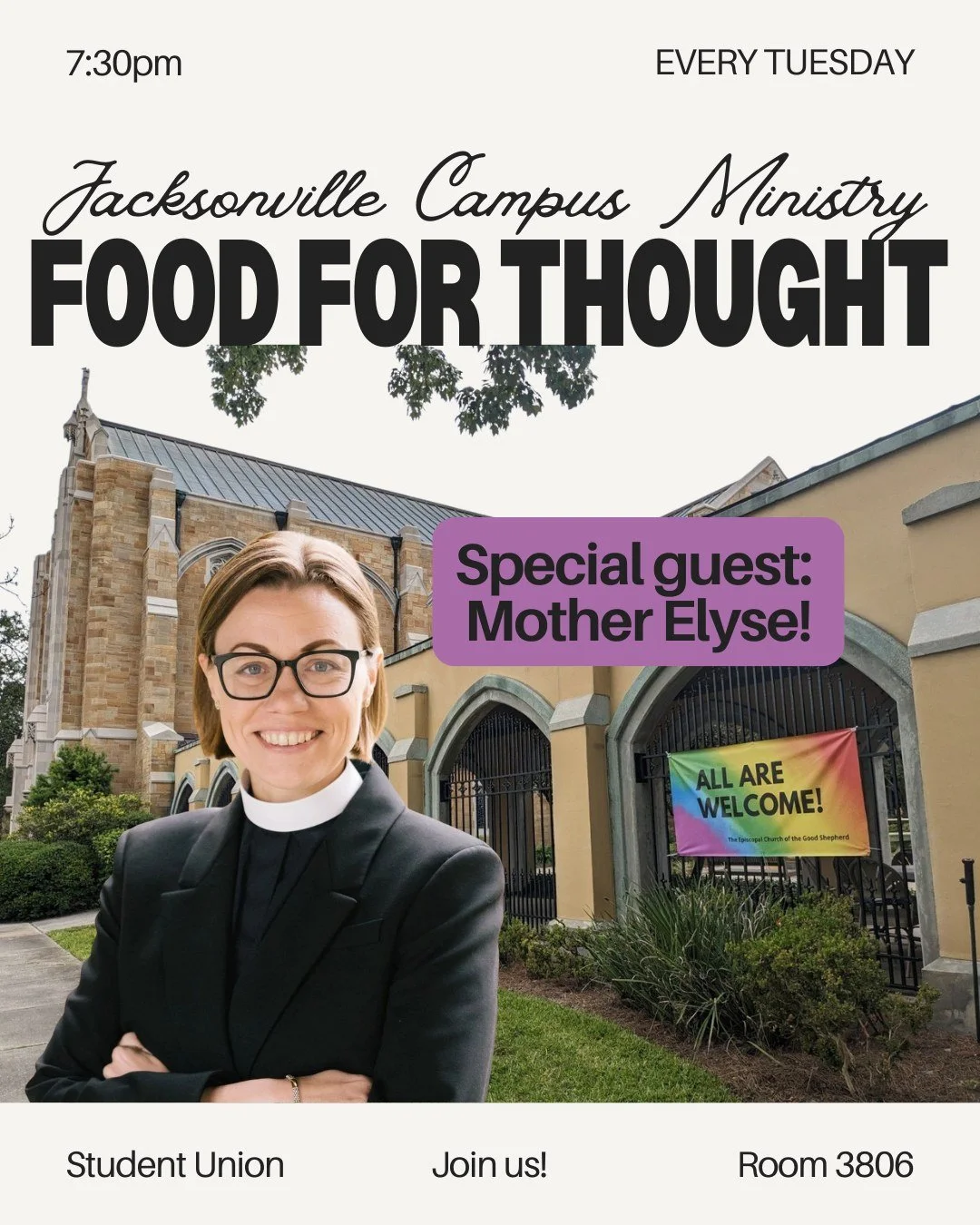 You don't want to miss Food for Thought tonight! We have a special guest: Mother Elyse from Good Shepherd Episcopal Church (if you were at Pride, you were right next to her church)! Oh, and we are having PASTA! 
 #jaxcampusmin #dioflfeast #tec #ospr