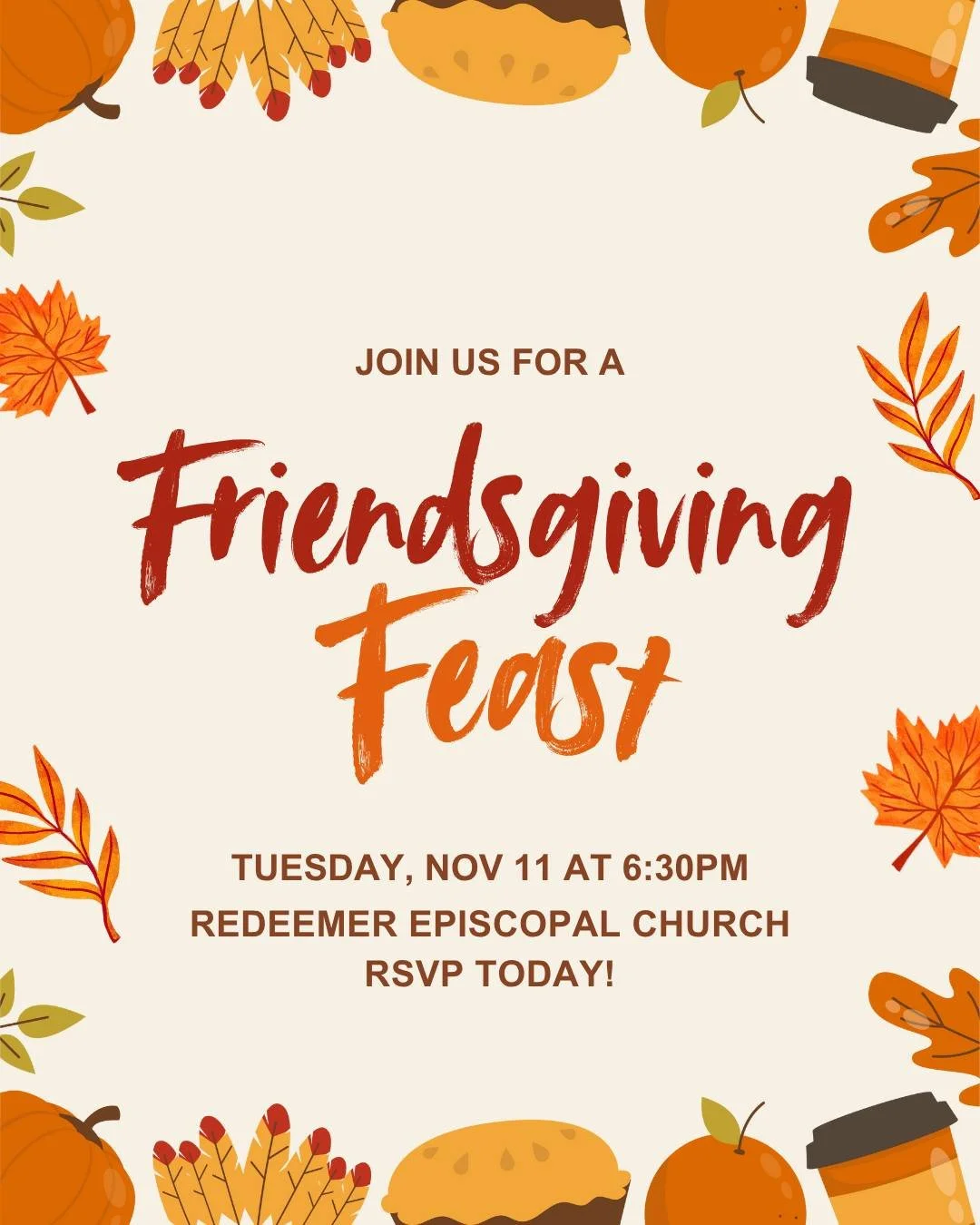 Don't forget to RSVP for our Friendsgiving Feast, happening next Tuesday at Redeemer Episcopal Church! 🔗🌲

 #campusministry #Lumin #jaxcampusmin #tec #dioflfeast #unfospreys #jcm #duval #osprey