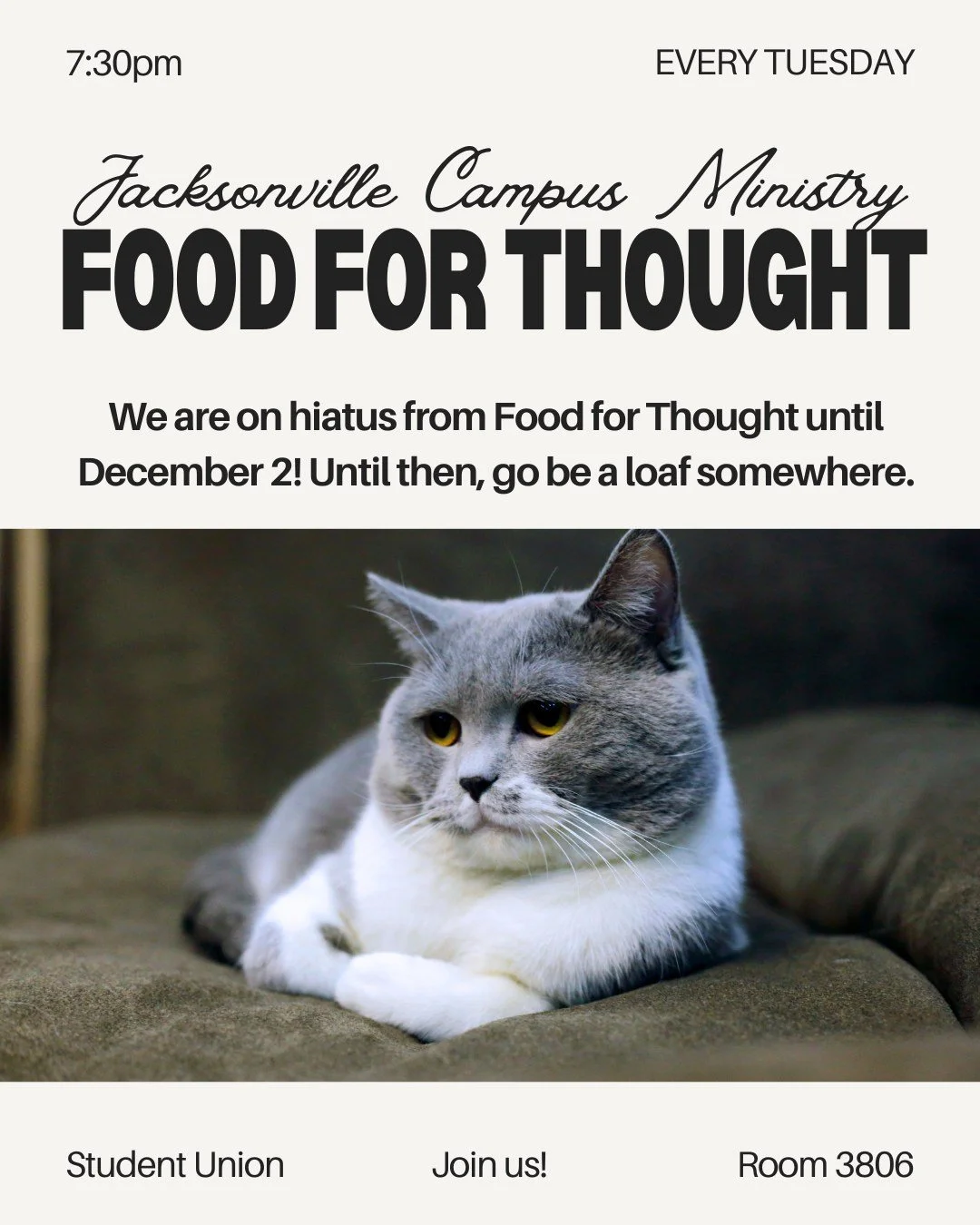 There is no Food for Thought tonight! 

We won't see you for FFT until December 2! So go relax, hang out, be a loaf somewhere. We love you. We'll see you for Evening Prayer :)