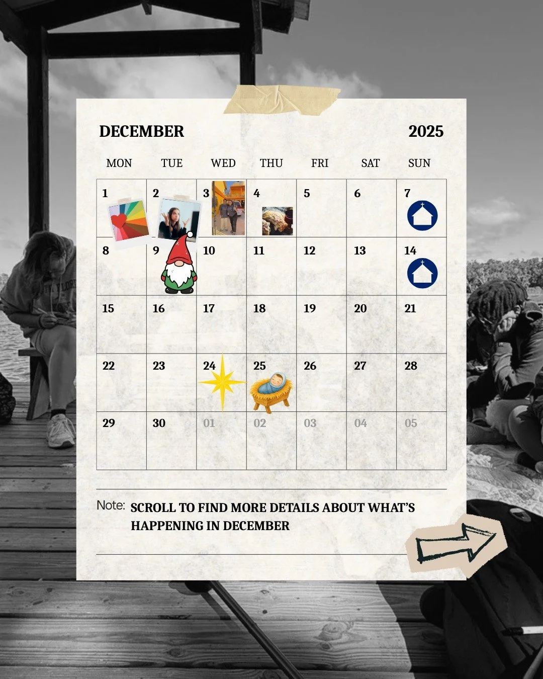 Don't miss all of the wonderful things that are happening this month! We can't wait to get together with you for things like Food for Thought, Queer Bible Study, and Christmas morning worship! See you soon!