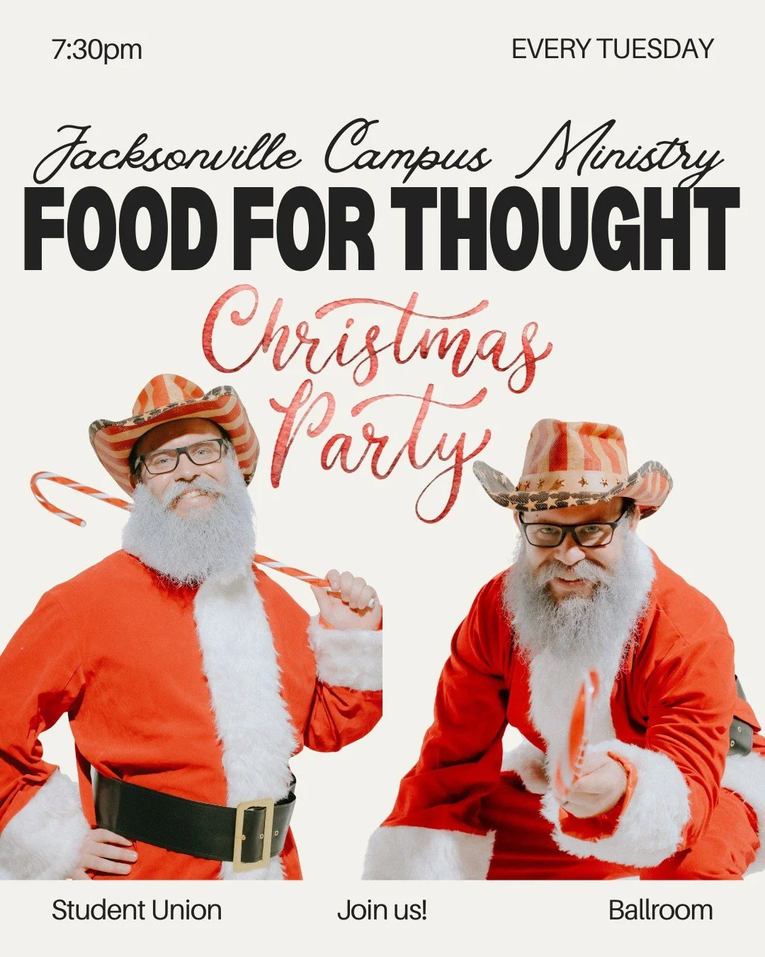 Tonight is our very last Food for Thought AKA our Christmas Party! You won't want to miss the delightful games and giveaways that will be happening tonight! Plus we will say &quot;see you later&quot; to some of our folks who are graduating this semes