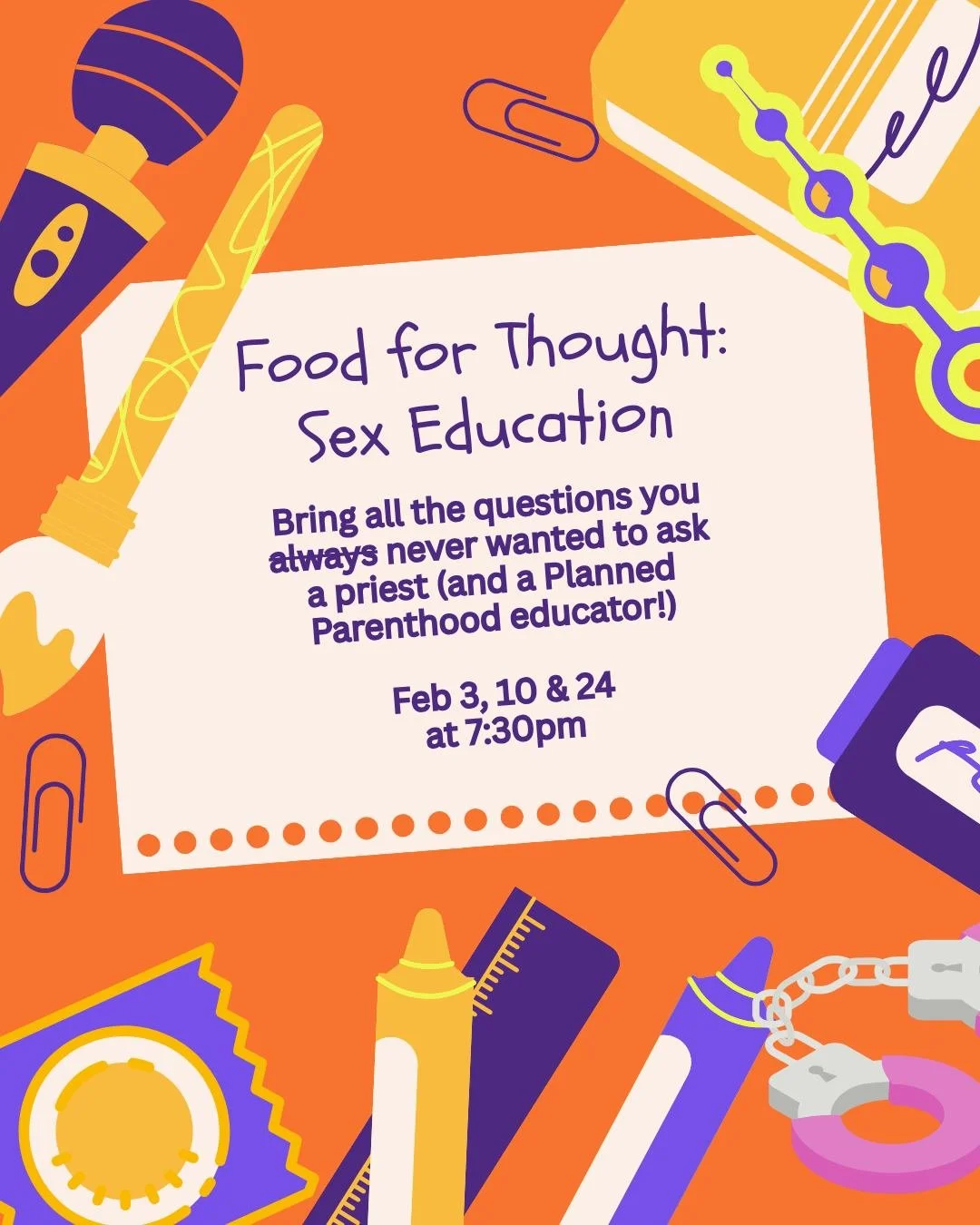 You don't want to miss Food for Thought next month! We are kicking off one of our favorite spring series with a new collaborator: Planned Parenthood Education! We will spend several weeks in February talking about healthy relationships and filling in