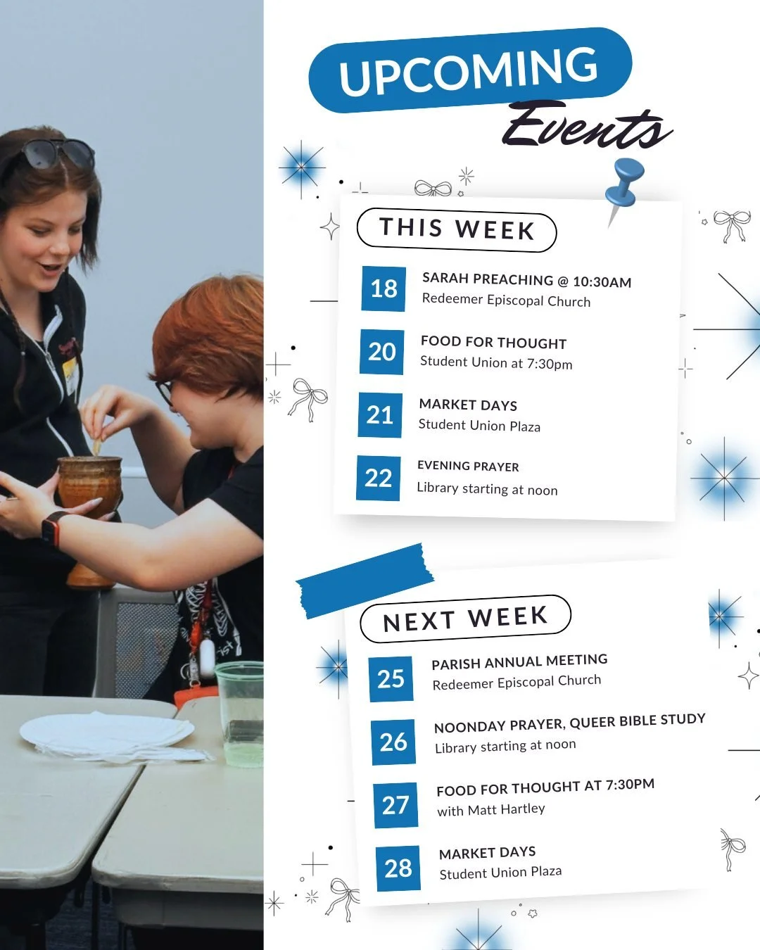 Here's our schedule for the next two weeks! But just to make sure you don't miss anything, you can find our calendar that stays most up to date on our website in the 🔗 in our bio! Don't miss the great stuff we have going on, basically every day all 