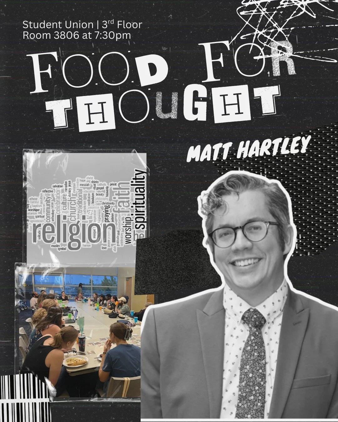 Join us tonight at Food for Thought at 7:30pm on the 3rd floor of the Student Union. We'll have a special guest, Matt Hartley (also a professor here!), to chat about his work in the interfaith sector. Don't miss this one! 

 #Lumin #campusministry #o
