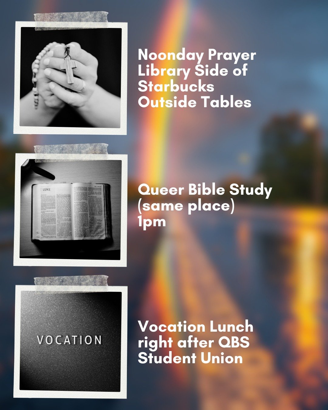 Join us for Noonday Prayer, Queer Bible Study, and Vocation Lunch today! We'll start at the tables outside of Starbucks, but if the weather stays nice, we might move over to sit on the grass. 

 #osprey #lgbtq #JCM #dioflfeast #duval #Lumin #jaxfl #q