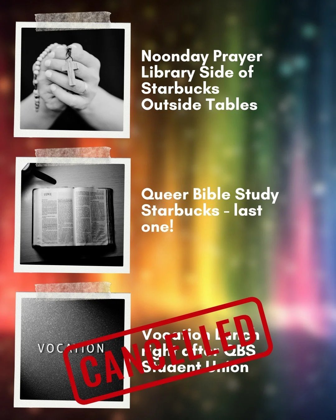 We'll see you today for noonday prayer and Queer Bible Study! They are the last ones of the semester, so don't miss us! 

 #queer #queerbiblestudy #lgbtq #gatherjax