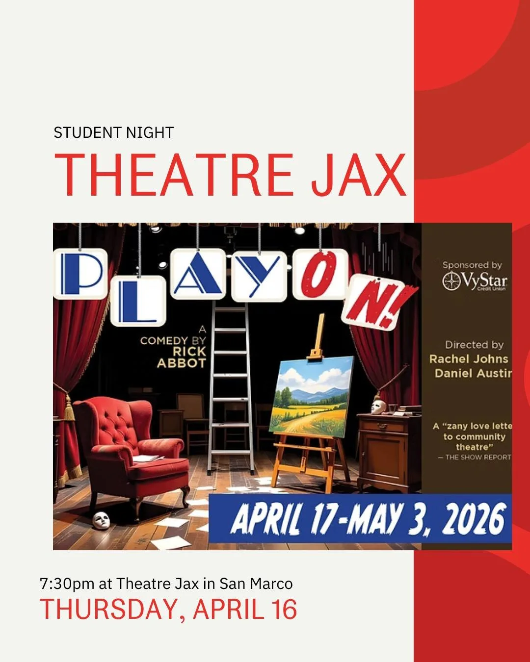 Don't miss seeing Daniel in another play! Student night is tomorrow night, so Sarah is buying the tickets! We'll see you before the show!