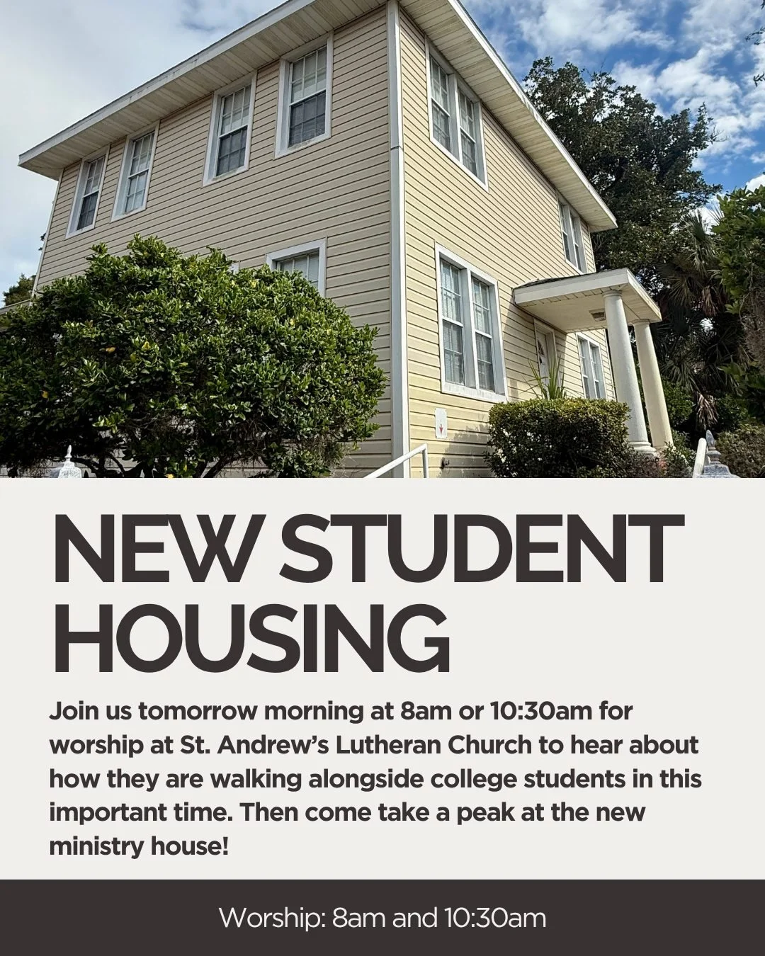 Worship at St. Andrew's Lutheran Church is at 8am and 10:30am! Pastor Sarah will be preaching at both services and chatting a bit about campus ministry in between. Then we will head over to take a peak at the newly renovated discernment house we are 