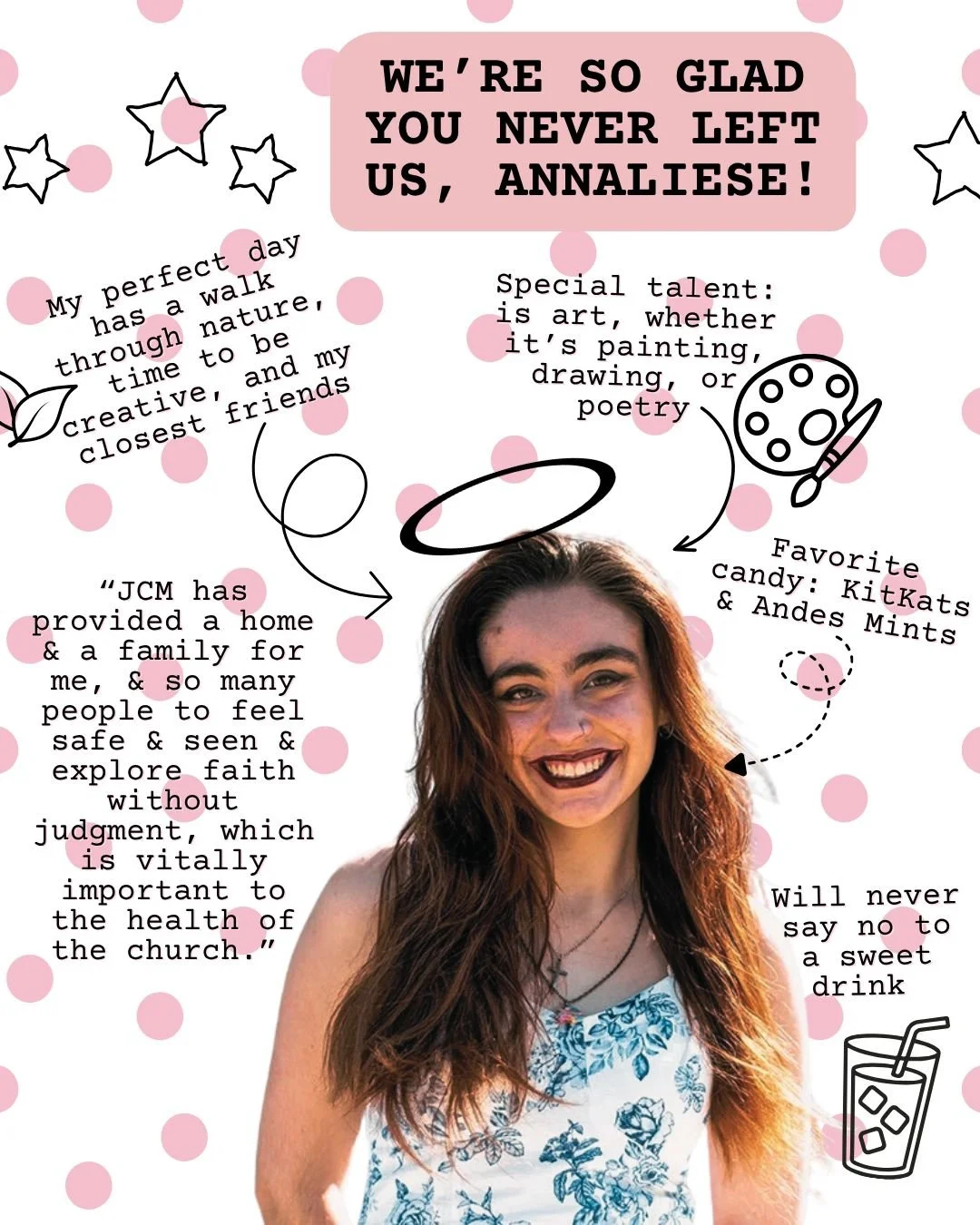 We're So Glad You Never Left Us, Annaliese! 🌸

Annaliese has been part of the JCM family for a long time, and we're thrilled she's continuing to serve with us as our first Ministry Fellow!

Her perfect day includes time in nature, creativity, and be