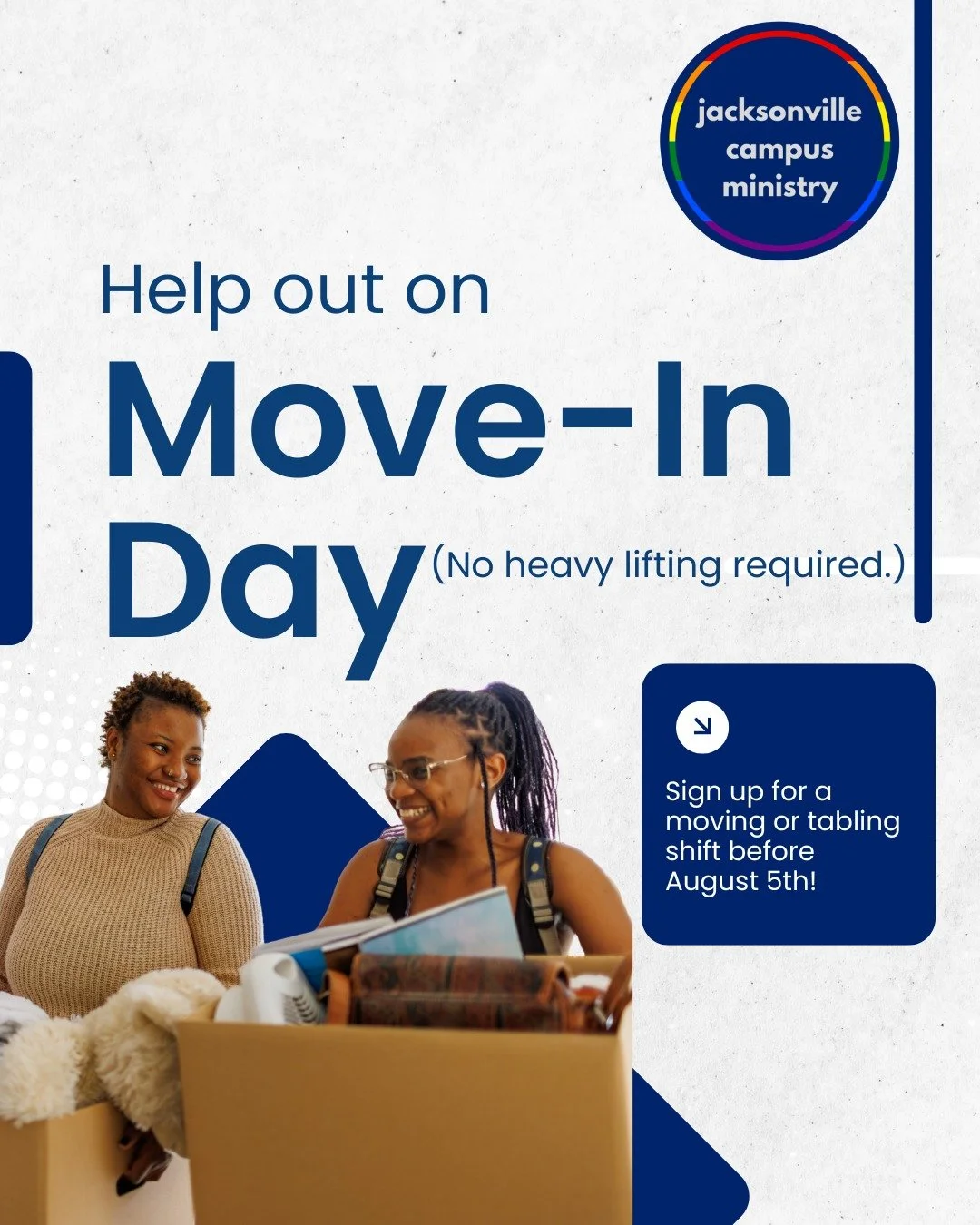 📦 Help Us Welcome UNF Students!

Move-in week is one of our favorite times of the year, and we'd love your help!

We're looking for volunteers to:
✨ Welcome students and their families during residence hall move-in
✨ Staff our table during Freshman 