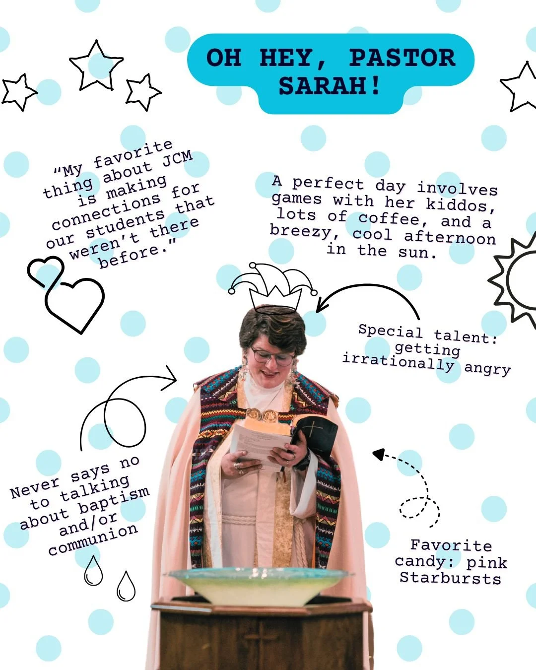 Oh Hey, Pastor Sarah! 💙

If you've spent any time around JCM, you've probably already met Pastor Sarah.

Sarah's favorite part of JCM is watching connections form between students who might never have met otherwise. She loves seeing strangers become