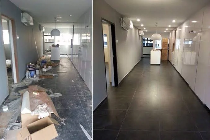 Comparison of hallway before and after renovation, showing cleanup and new flooring.