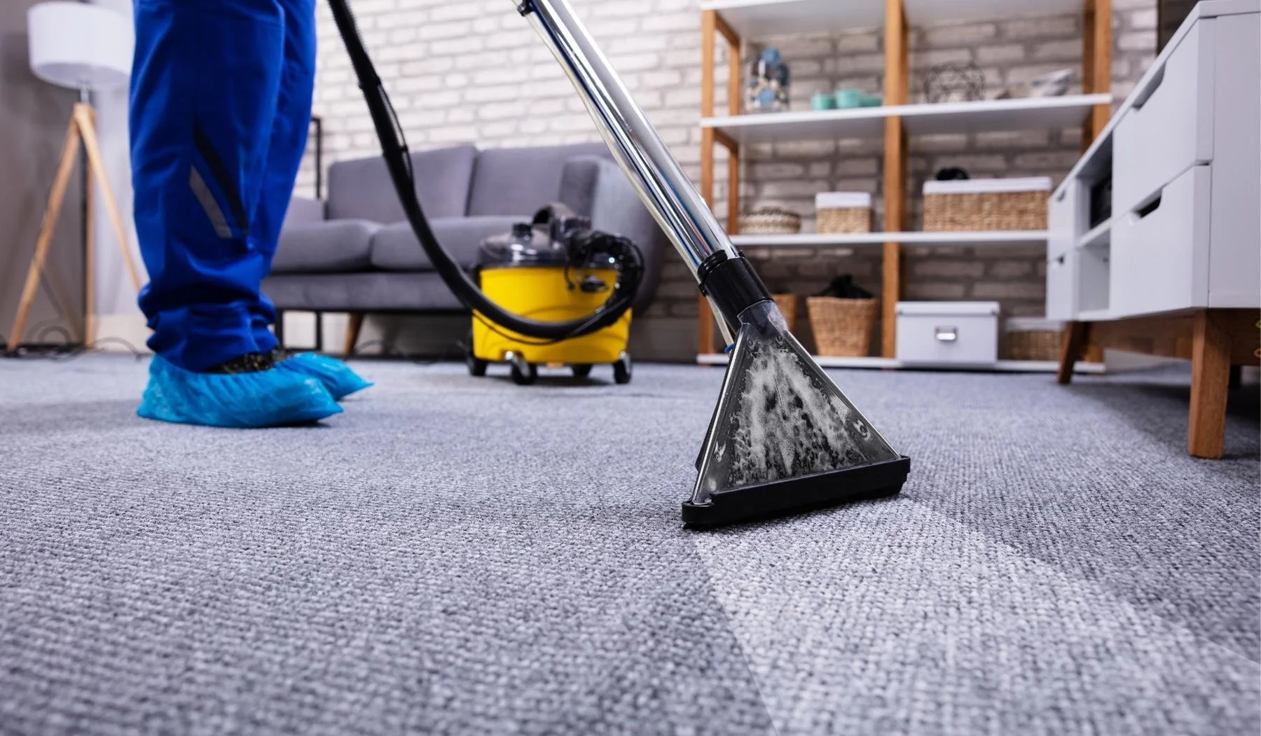 A person cleaning a carpet with a steam cleaning machine in a living room with a gray couch, a bookshelf, and a white cabinet.