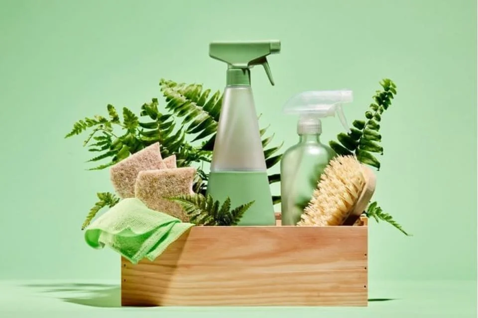 Cleaning supplies including spray bottles, a scrub brush, a sponge, and cloths, arranged in a wooden box with green leaves background.