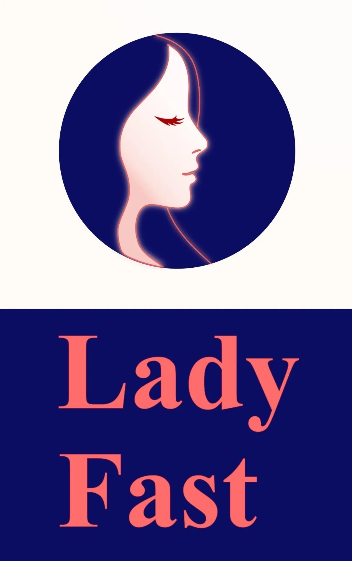 Book cover featuring a minimalist side profile drawing of a woman's face within a dark blue circle and the title "Lady Fast" in large pink and coral text below.