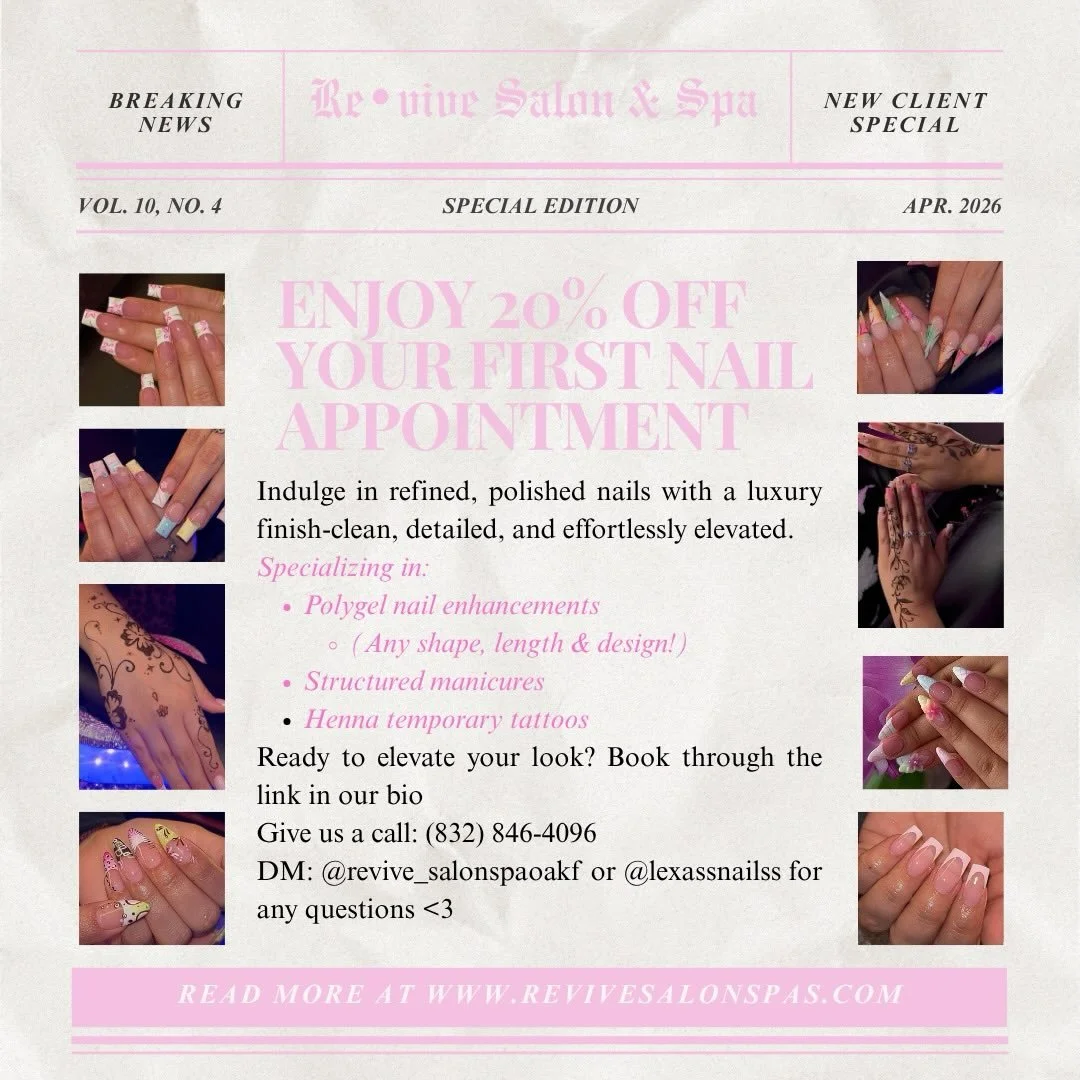 ✨ RE&bull;VIVE SALON SPA FIRST TIME CLIENT OFFER ✨
We&rsquo;re always excited to welcome new clients to Re&bull;vive Salon Spa 🤍
Enjoy 20% OFF your first service at our Re&bull;vive location! 💋
&bull; Valid for first-time clients only
&bull; Availa