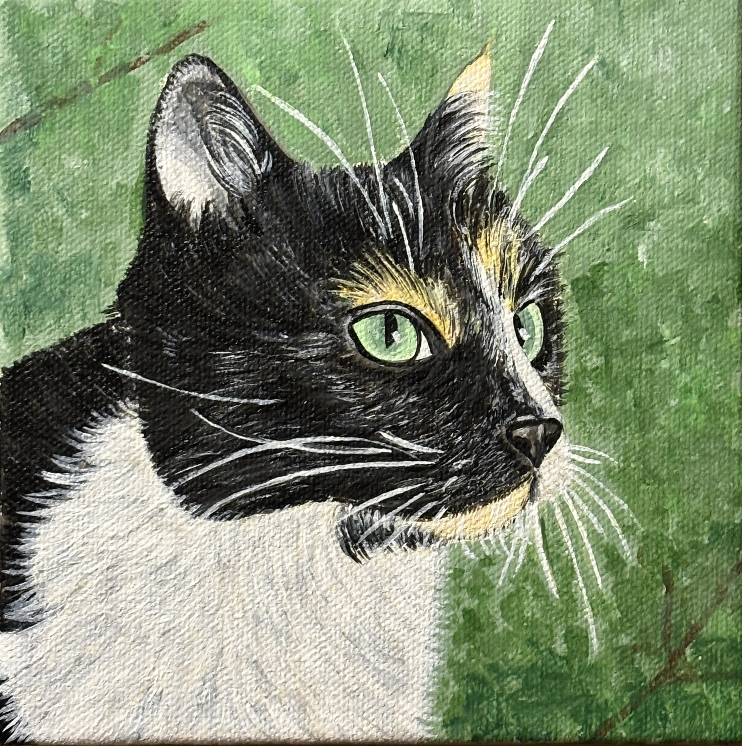 A painted portrait of a black, white, and tan cat with green eyes, against a green textured background.