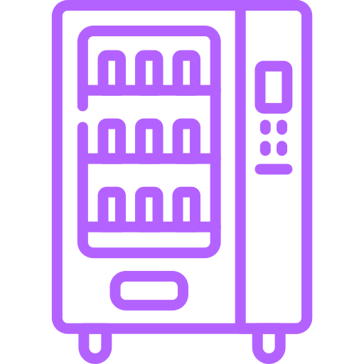 Outline of a vending machine with snacks or beverages inside.