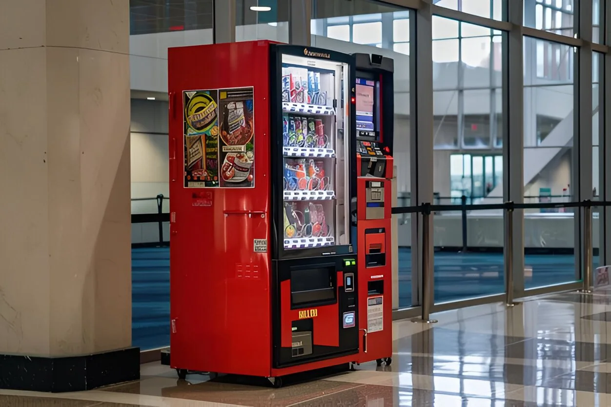 Red vending machine inside an airport terminal near large glass windows.