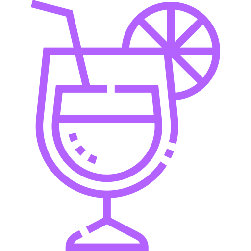 Outline of a cocktail glass with a straw and lemon slice garnish.