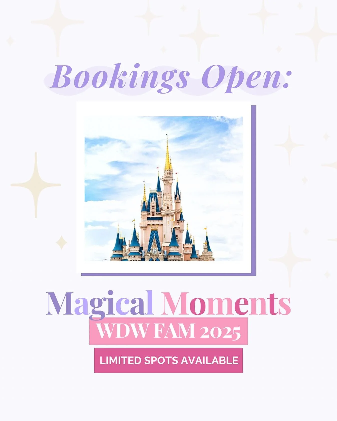 The wait is over 🎉

Bookings are officially OPEN for our Magical Moments WDW FAM 2026!

Here&rsquo;s what you&rsquo;re getting:
✨ Private VIP Disney tour (skip every line, see everything)
✨ Luxury accommodations (Beach Club or Four Seasons upgrade)
