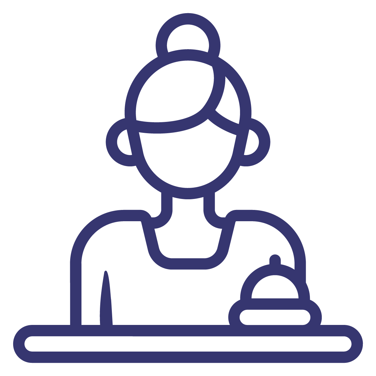 Line drawing of a person wearing a hat, sitting at a desk with a computer.