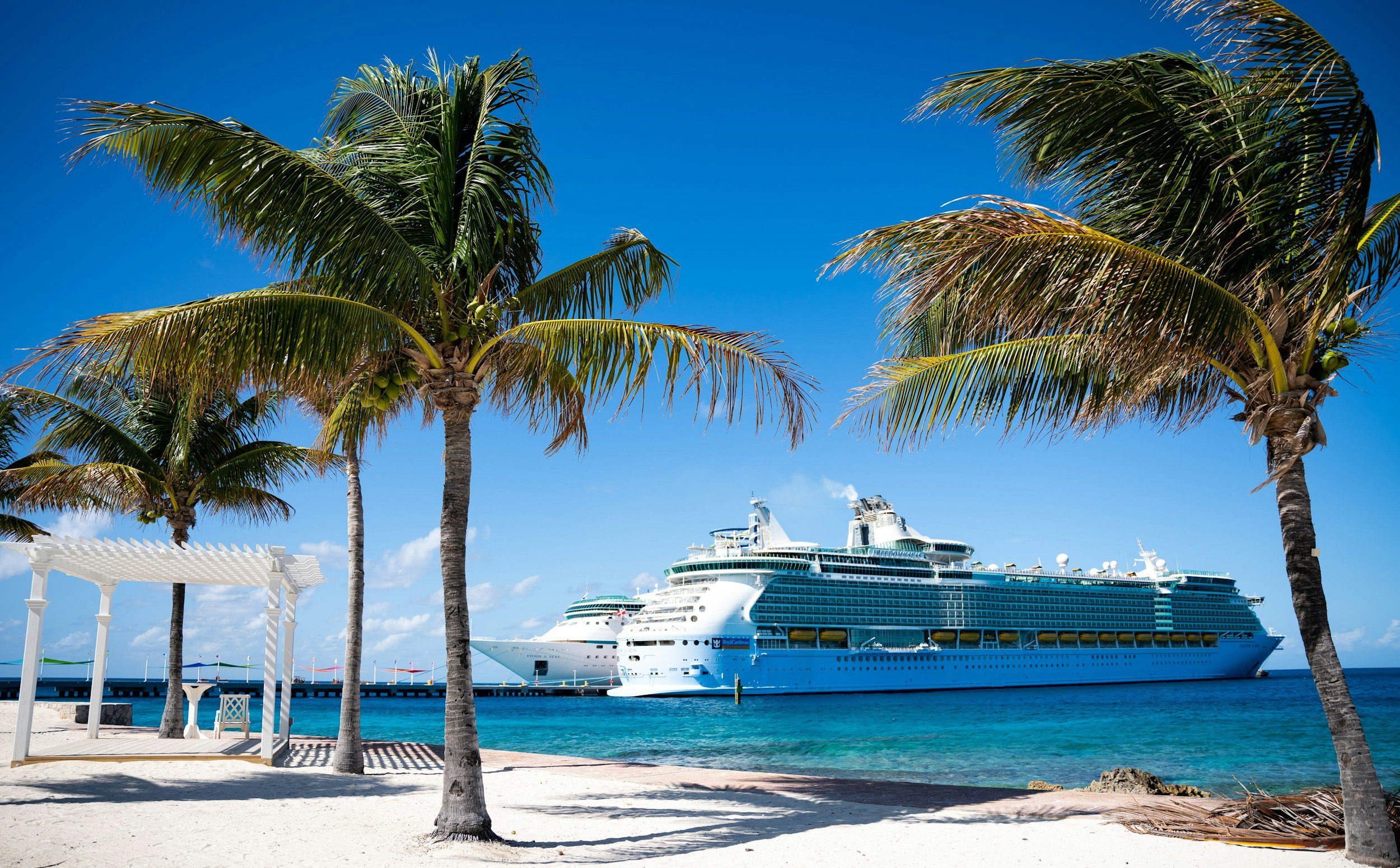A tropical beach scene with three palm trees, a white pergola, and a cruise ship docked in the water under a clear blue sky.