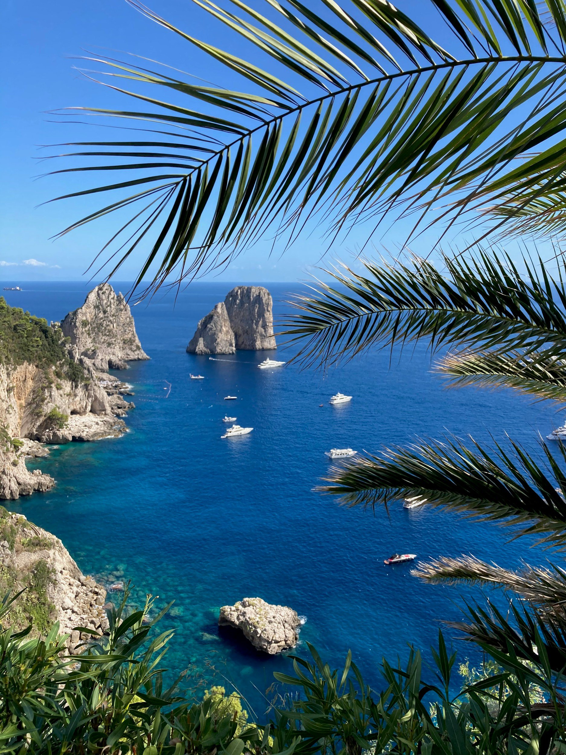 A scenic view of a coastal landscape with clear blue waters, anchored boats, rocky cliffs, and two large sea stacks in the distance, framed by palm tree leaves in the foreground.
