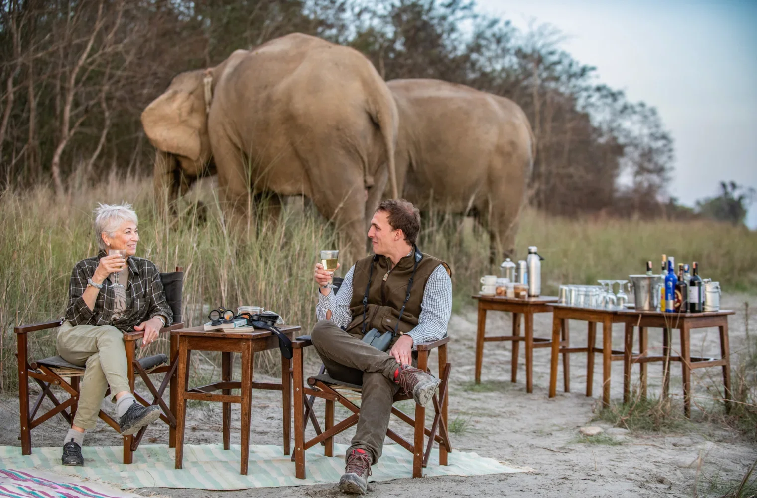 Two people sitting on chairs in an outdoor setting with elephants in the background, enjoying drinks, with tables of bottles and cups nearby.