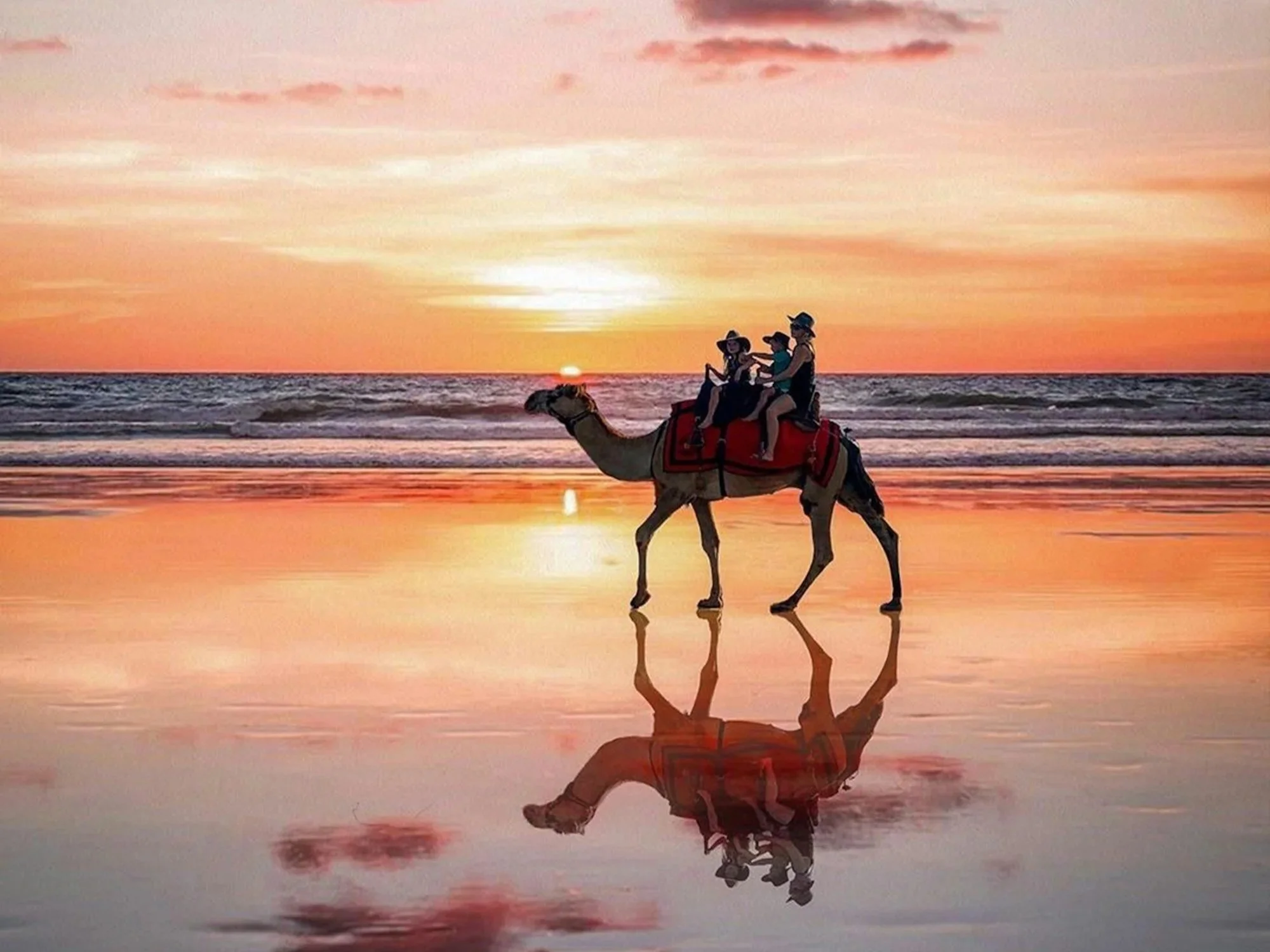 People riding a camel on the beach during sunset with their reflection visible on wet sand.