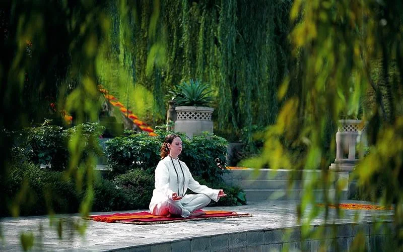 A woman practicing meditation outdoors on a red mat in a lush garden with hanging greenery and potted plants.