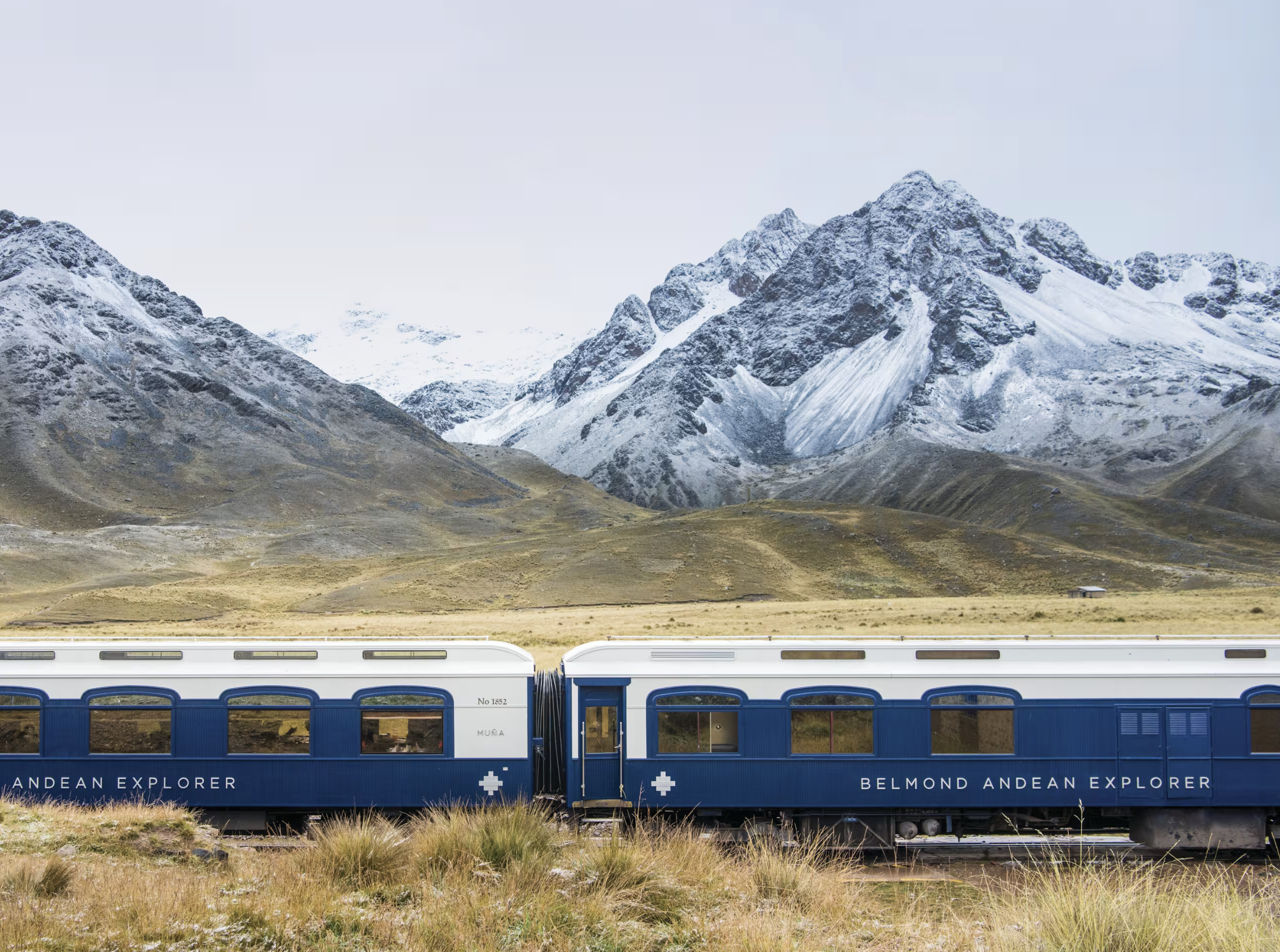 Blue train carriages labeled 'Andean Explorer' and 'Belmond Andean Explorer' with snowy mountains and grassy plains in the background.