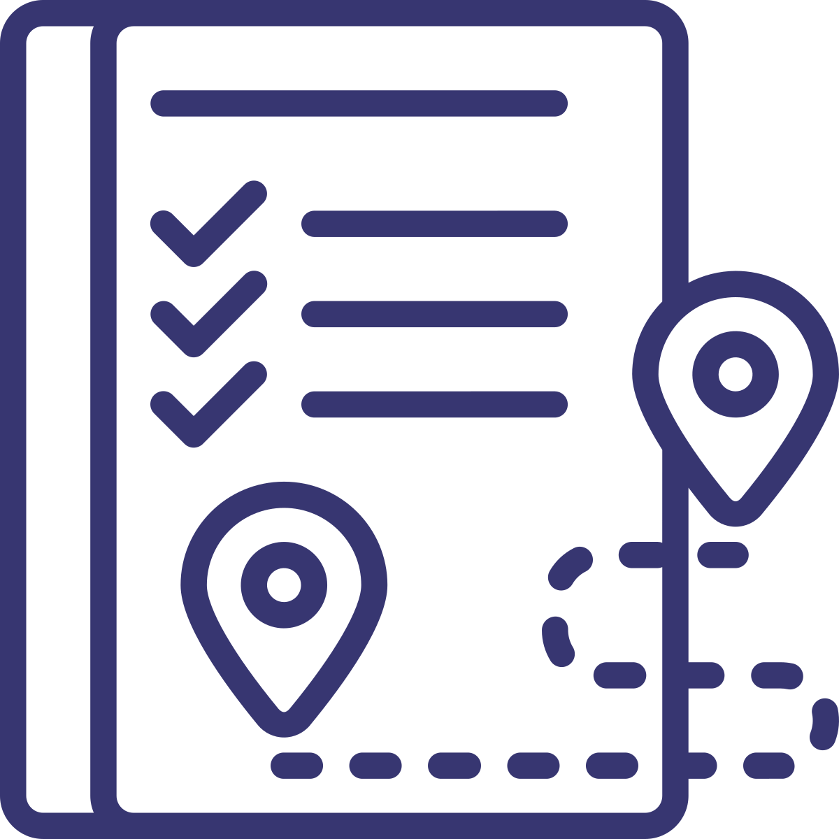 Icon of a checklist with checkmarks, location markers, and a dotted path, representing navigation or planning.